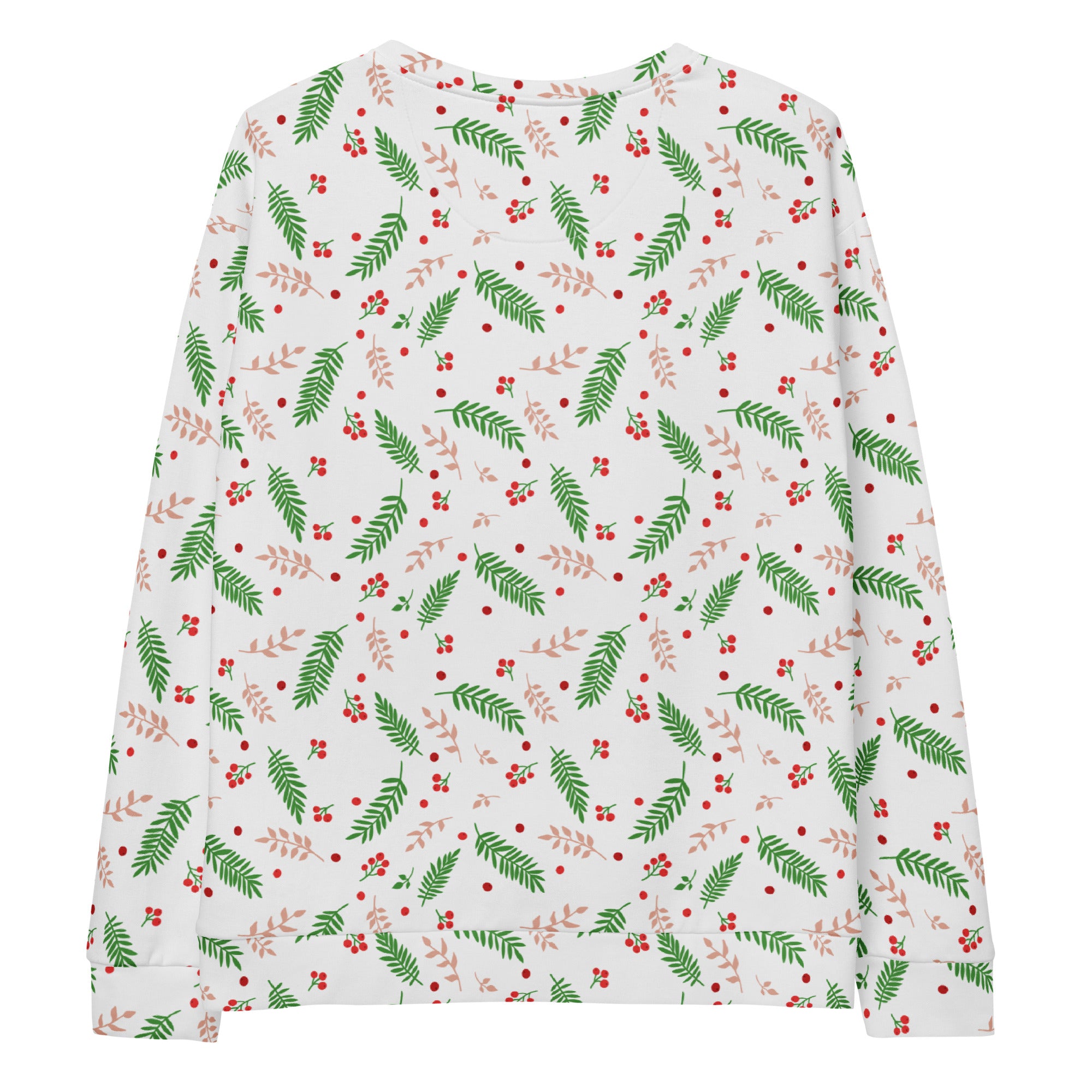 White long-sleeved holly berry christmas sweatshirt with green leaves red berries beige branches and brushed fleece lining
