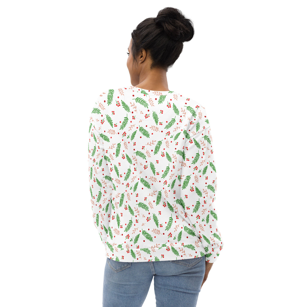 White long-sleeved holly berry christmas sweatshirt with green fern pattern red berries and brushed inner fleece fabric
