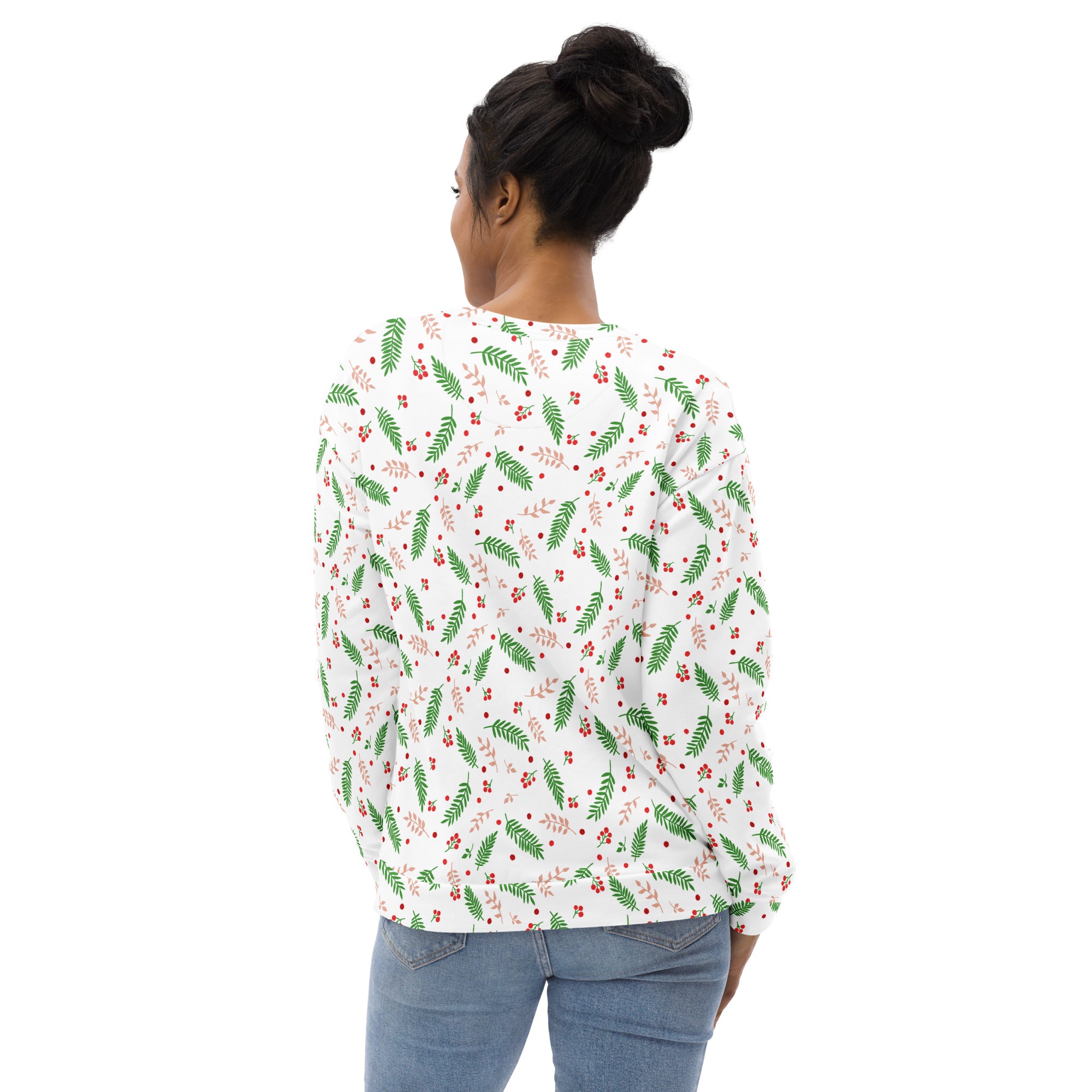 White long-sleeved holly berry christmas sweatshirt with green fern pattern red berries and brushed inner fleece fabric