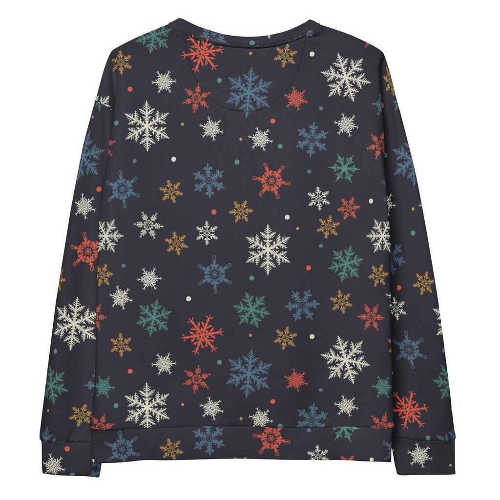 Dark gray colorful snowflake christmas sweatshirt with brushed inner fleece fabric and multicolored festive pattern