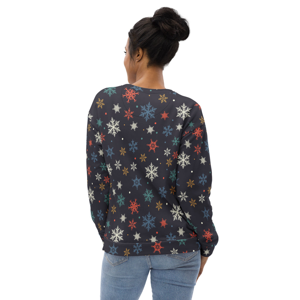 Black long-sleeved sweatshirt with colorful snowflake pattern and brushed inner fleece fabric for Christmas wear