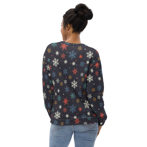 Black long-sleeved sweatshirt with colorful snowflake pattern and brushed inner fleece fabric for Christmas wear