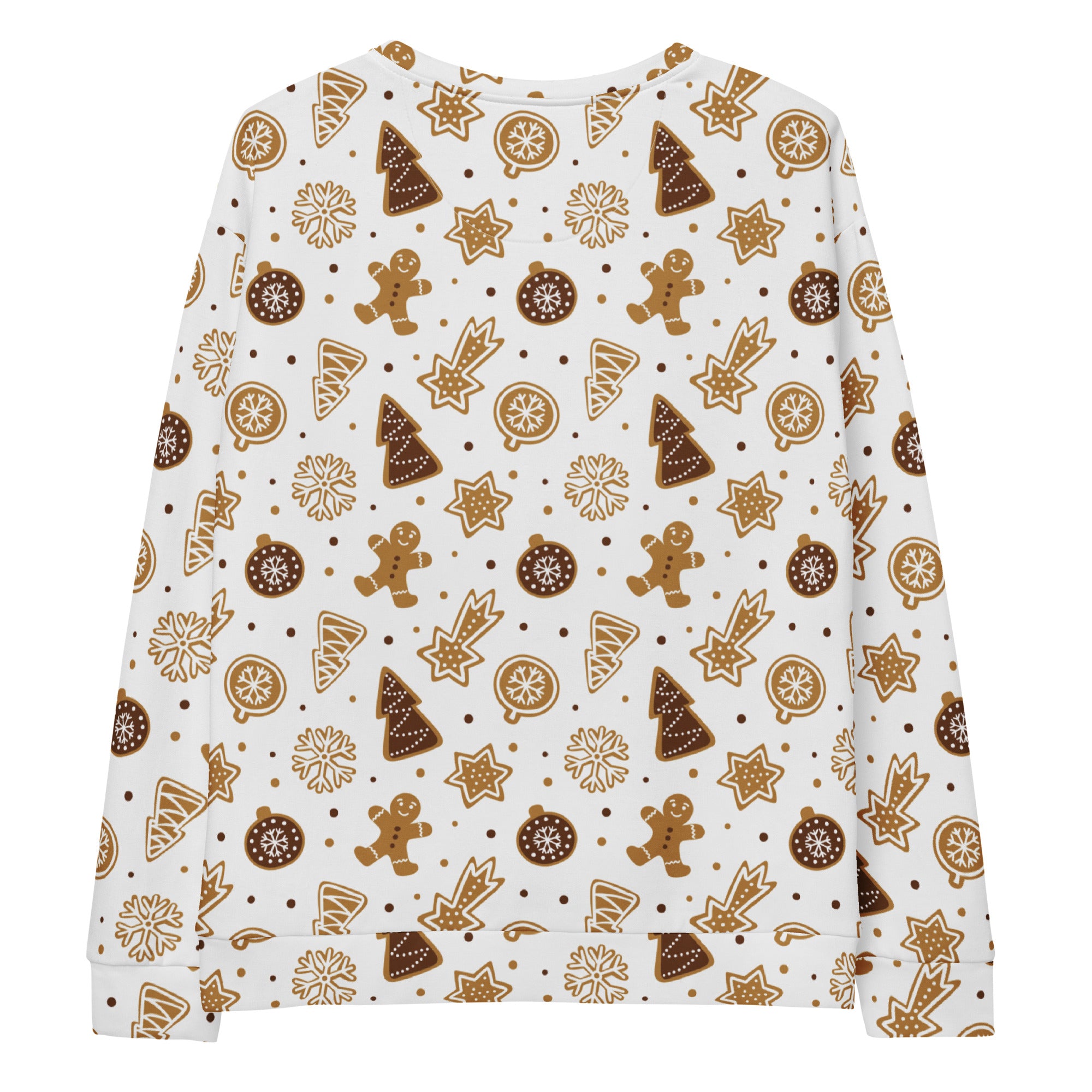 White long-sleeved gingerbread cookie christmas sweatshirt with festive pattern and brushed inner fleece fabric