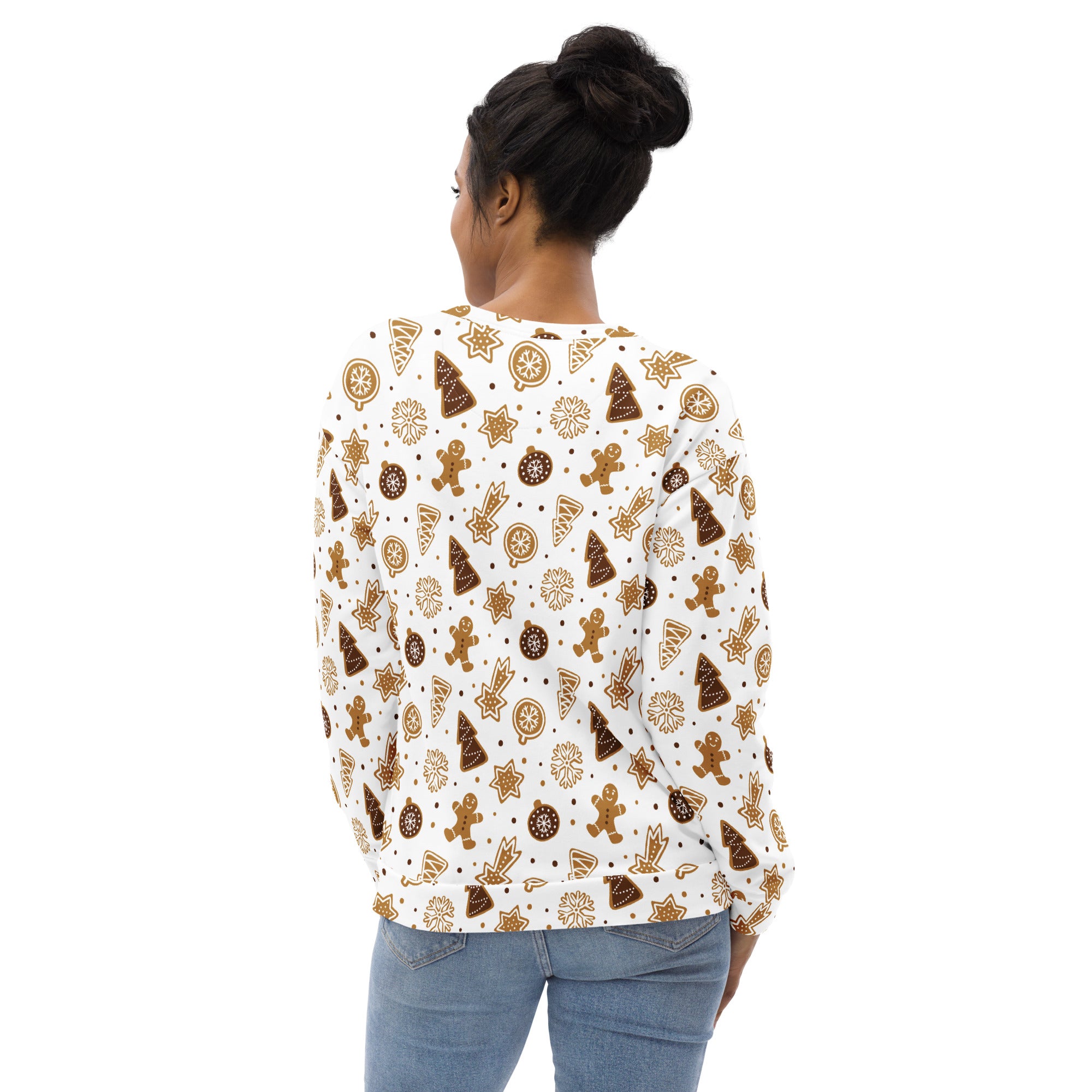White long-sleeved gingerbread cookie christmas sweatshirt with festive pattern and brushed inner fleece fabric