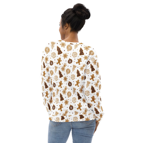 White long-sleeved gingerbread cookie christmas sweatshirt with festive pattern and brushed inner fleece fabric