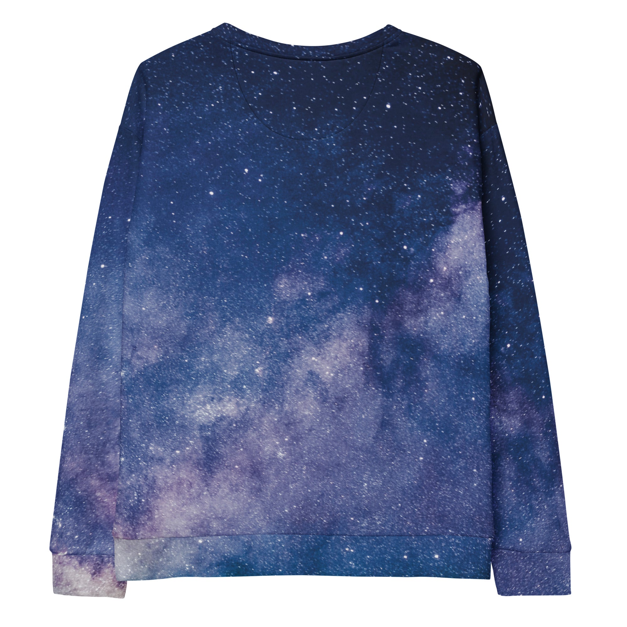 A navy blue and purple long-sleeved galaxy sweatshirt with starry night sky print and brushed inner fleece fabric