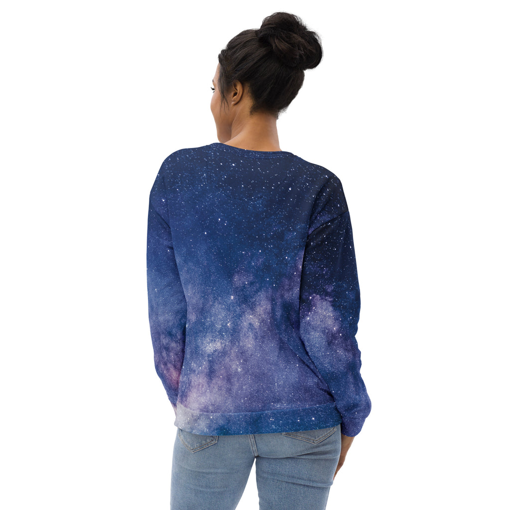 A navy blue and purple galaxy sweatshirt with starry night design and brushed inner fleece for warmth and comfort