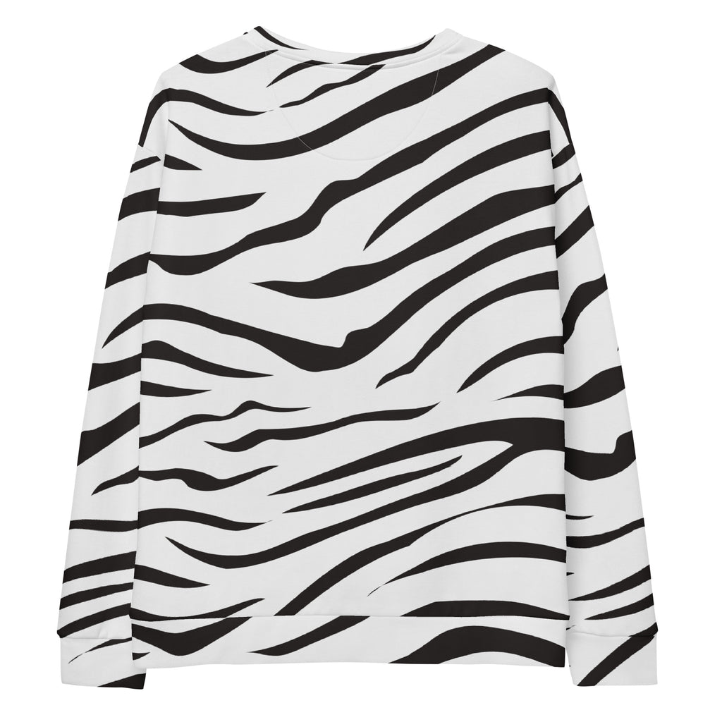 White long-sleeved zebra print sweatshirt with bold black stripes and brushed inner fleece fabric