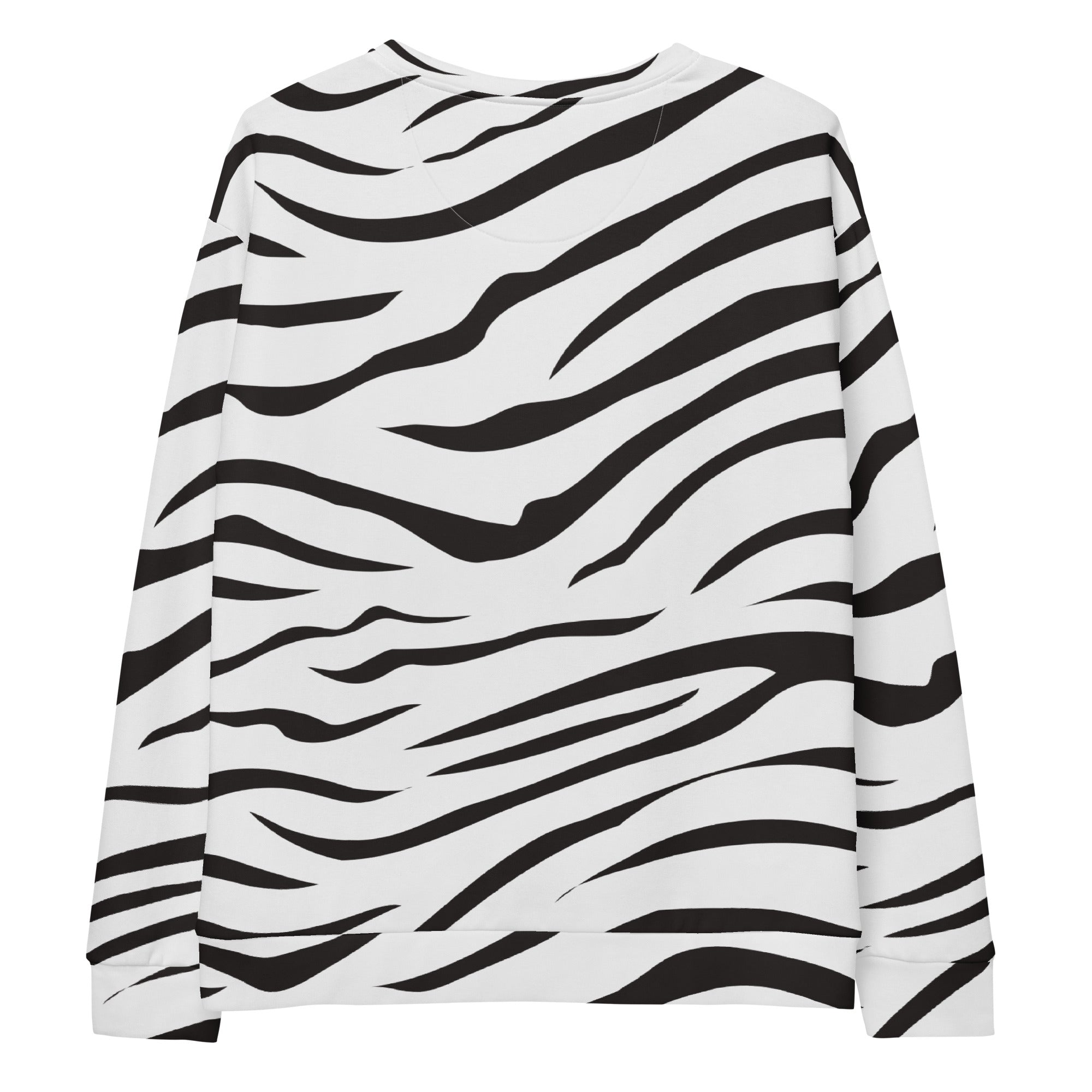 White long-sleeved zebra print sweatshirt with bold black stripes and brushed inner fleece fabric