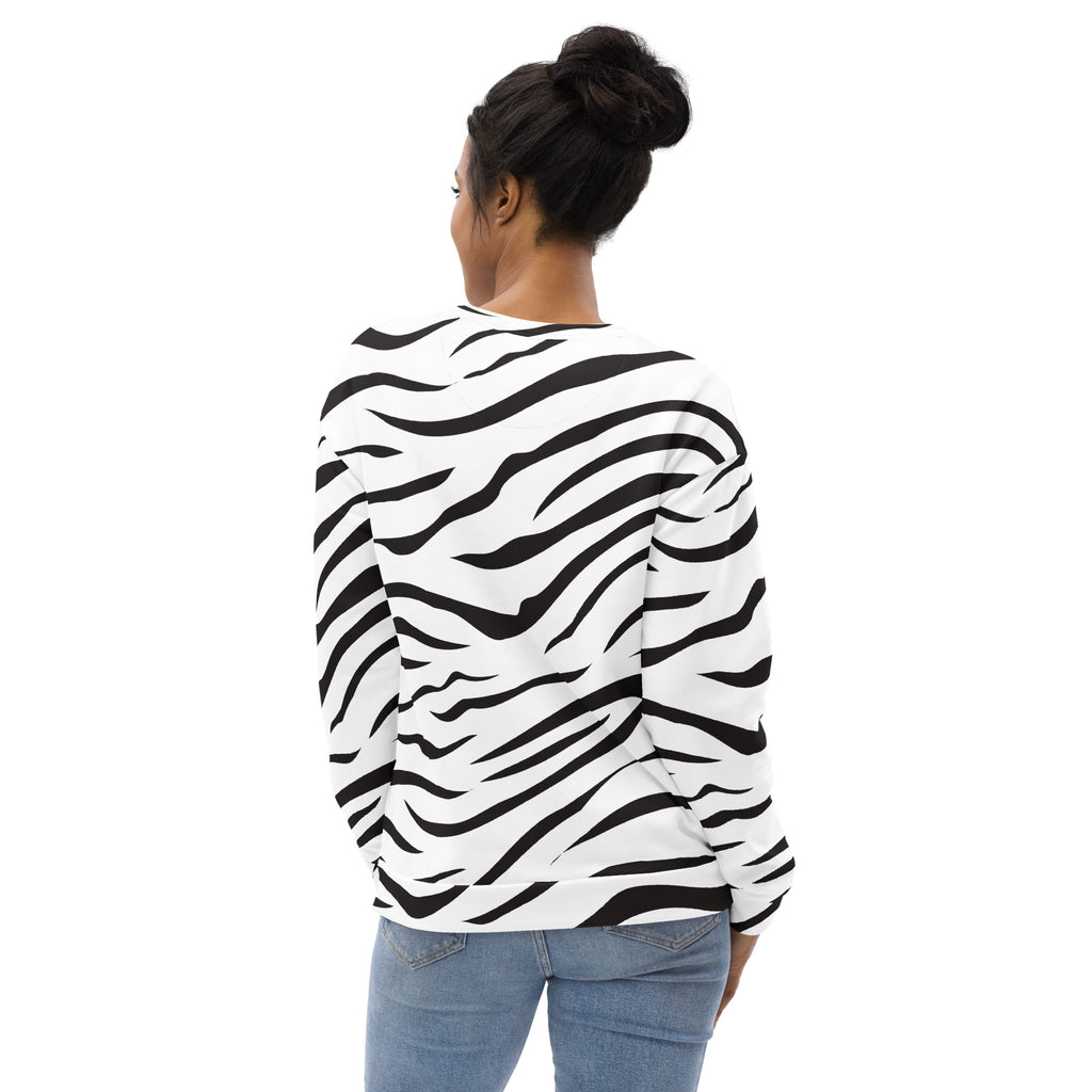 Black and white zebra print long sleeve sweatshirt with brushed inner fleece fabric for warmth and comfort