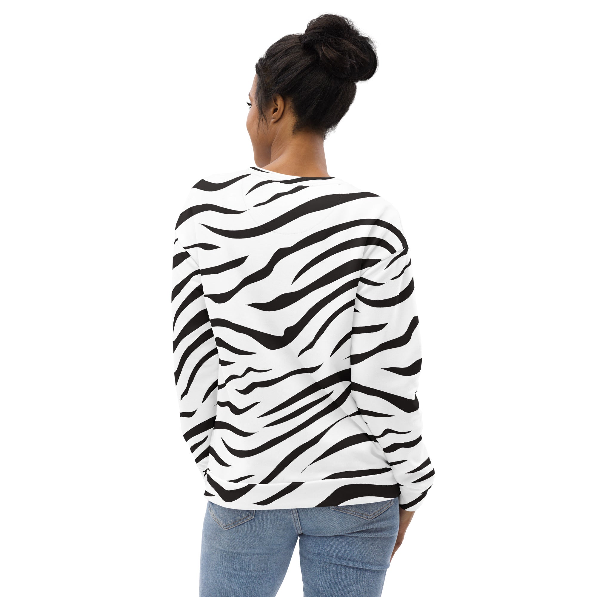 Black and white zebra print long sleeve sweatshirt with brushed inner fleece fabric for warmth and comfort