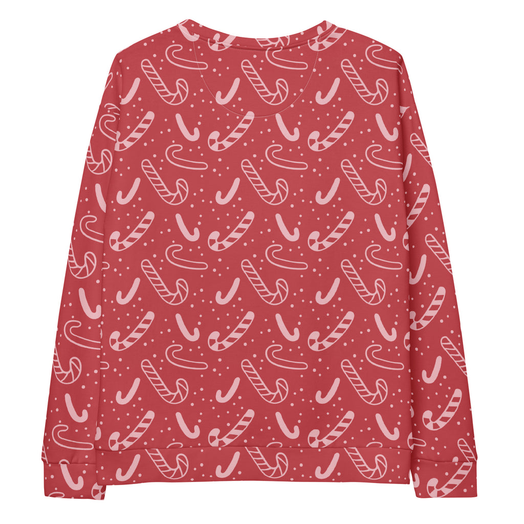 Red candy cane Christmas sweatshirt with brushed inner fleece fabric featuring white candy cane and dot pattern