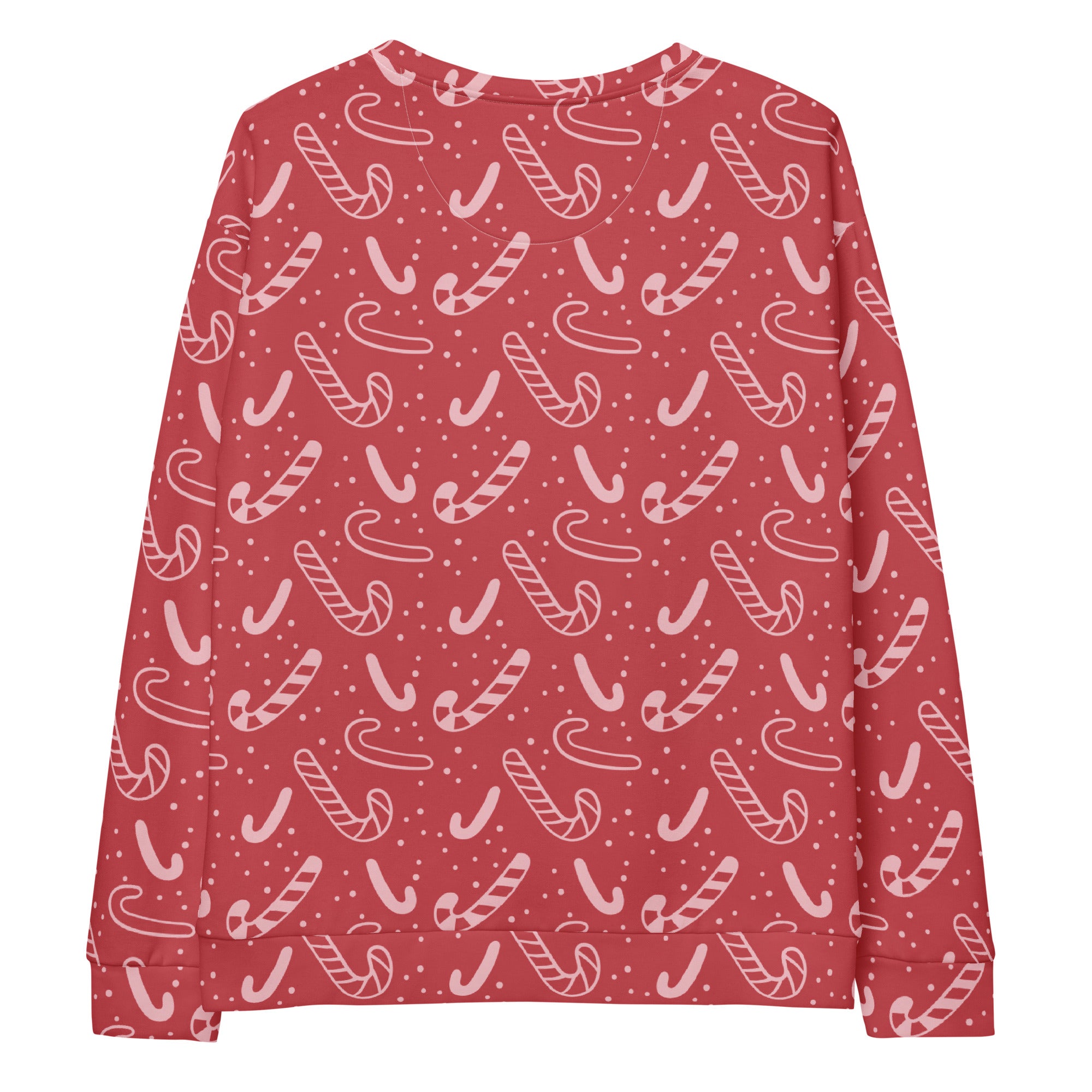 Red candy cane Christmas sweatshirt with brushed inner fleece fabric featuring white candy cane and dot pattern