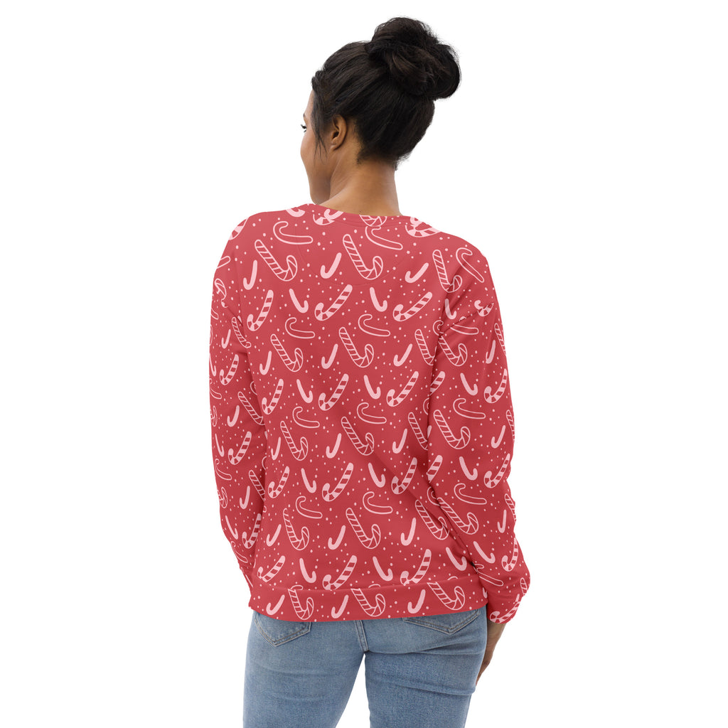 Red candy cane christmas sweatshirt with long sleeves festive pattern and brushed inner fleece fabric for warmth