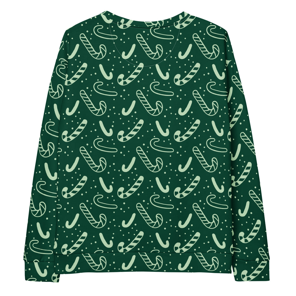 Dark green long-sleeved sweatshirt with light mint candy cane pattern and brushed inner fleece fabric for christmas use