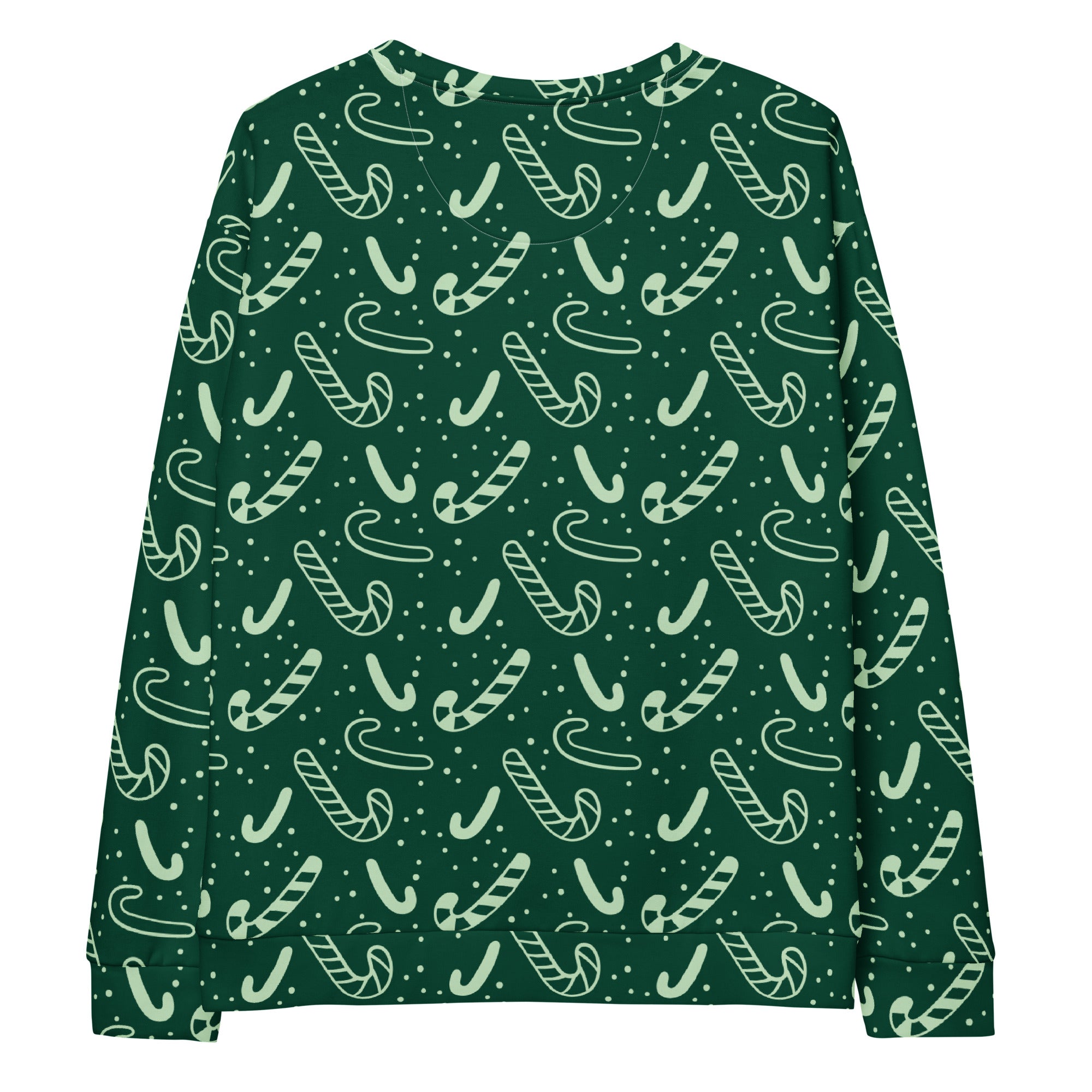 Dark green long-sleeved sweatshirt with light mint candy cane pattern and brushed inner fleece fabric for christmas use