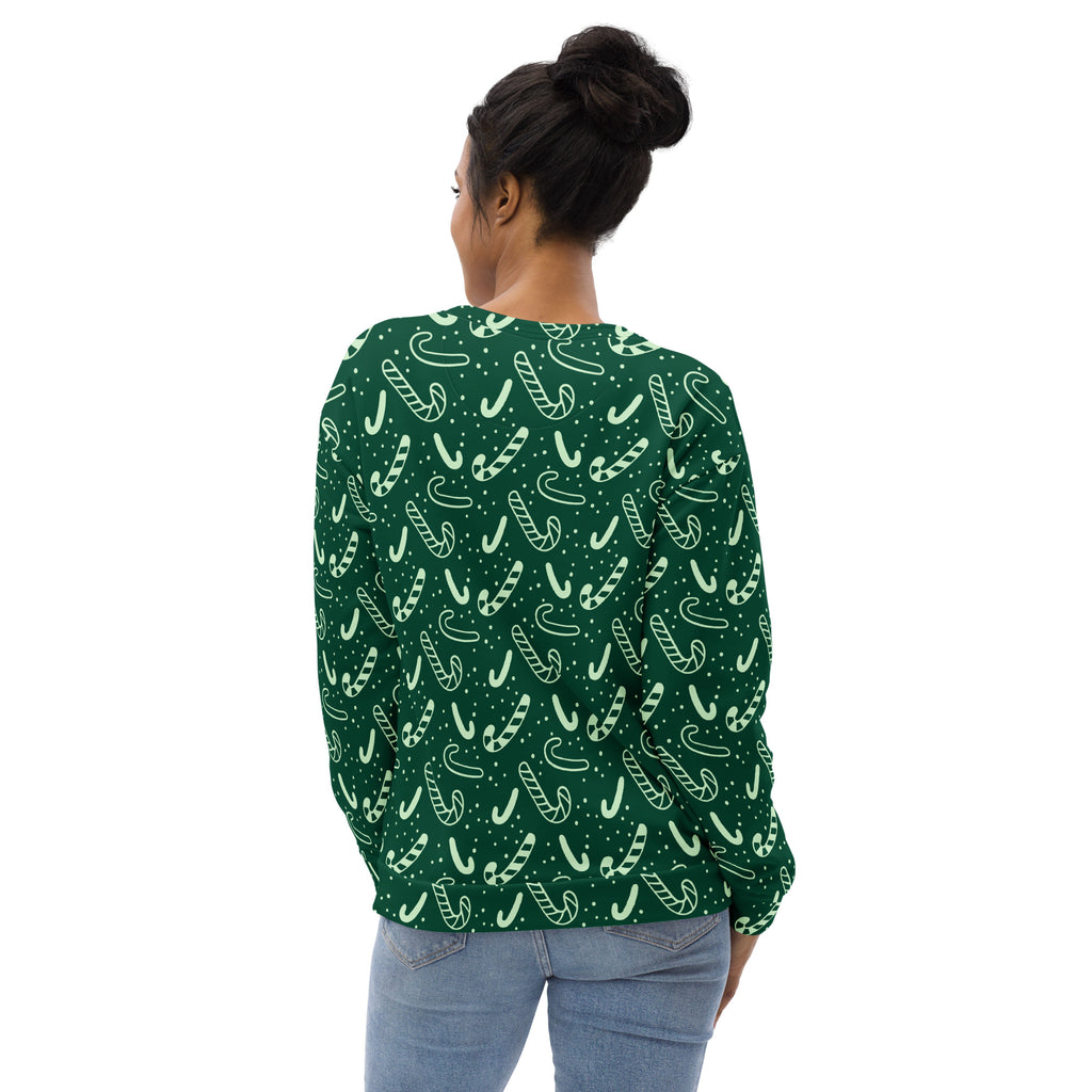 Green candy cane christmas sweatshirt with brushed fleece fabric featuring a dark green base and mint candy cane pattern