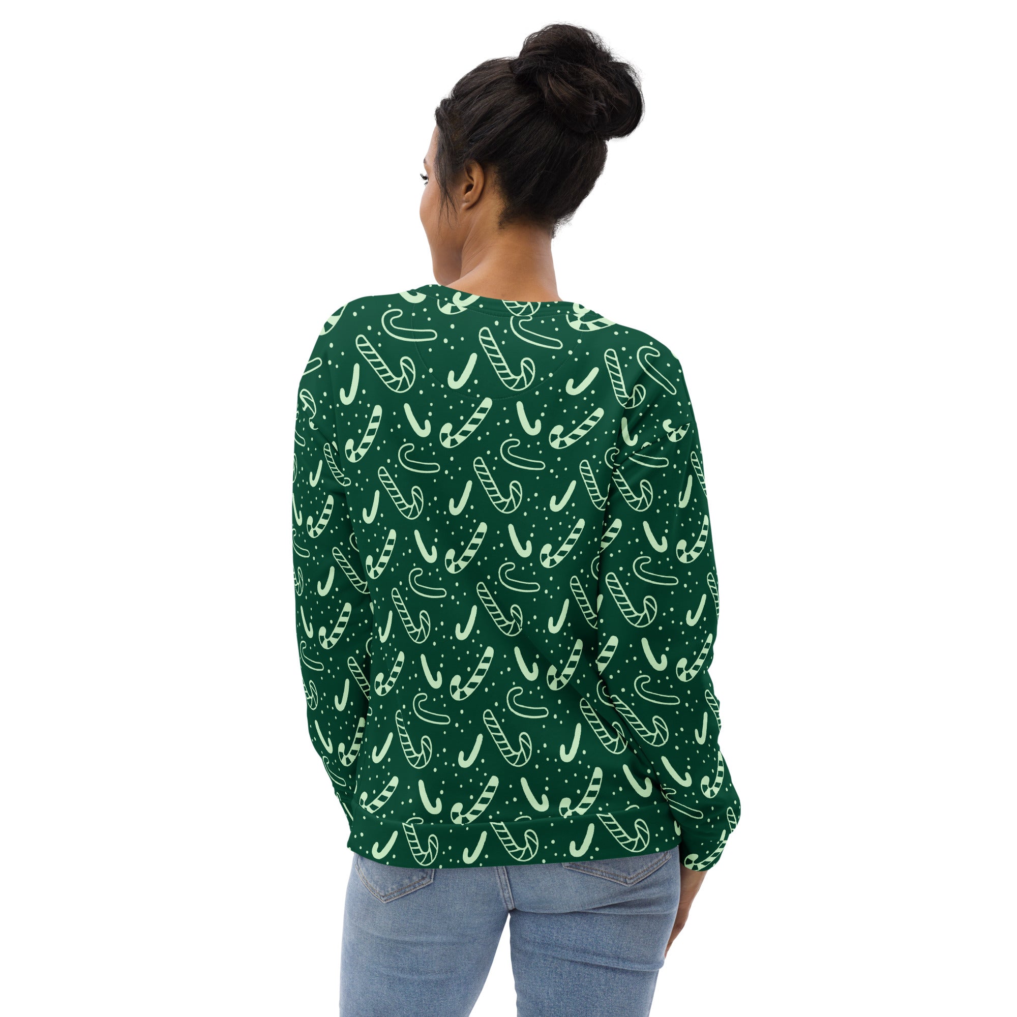 Green candy cane christmas sweatshirt with brushed fleece fabric featuring a dark green base and mint candy cane pattern