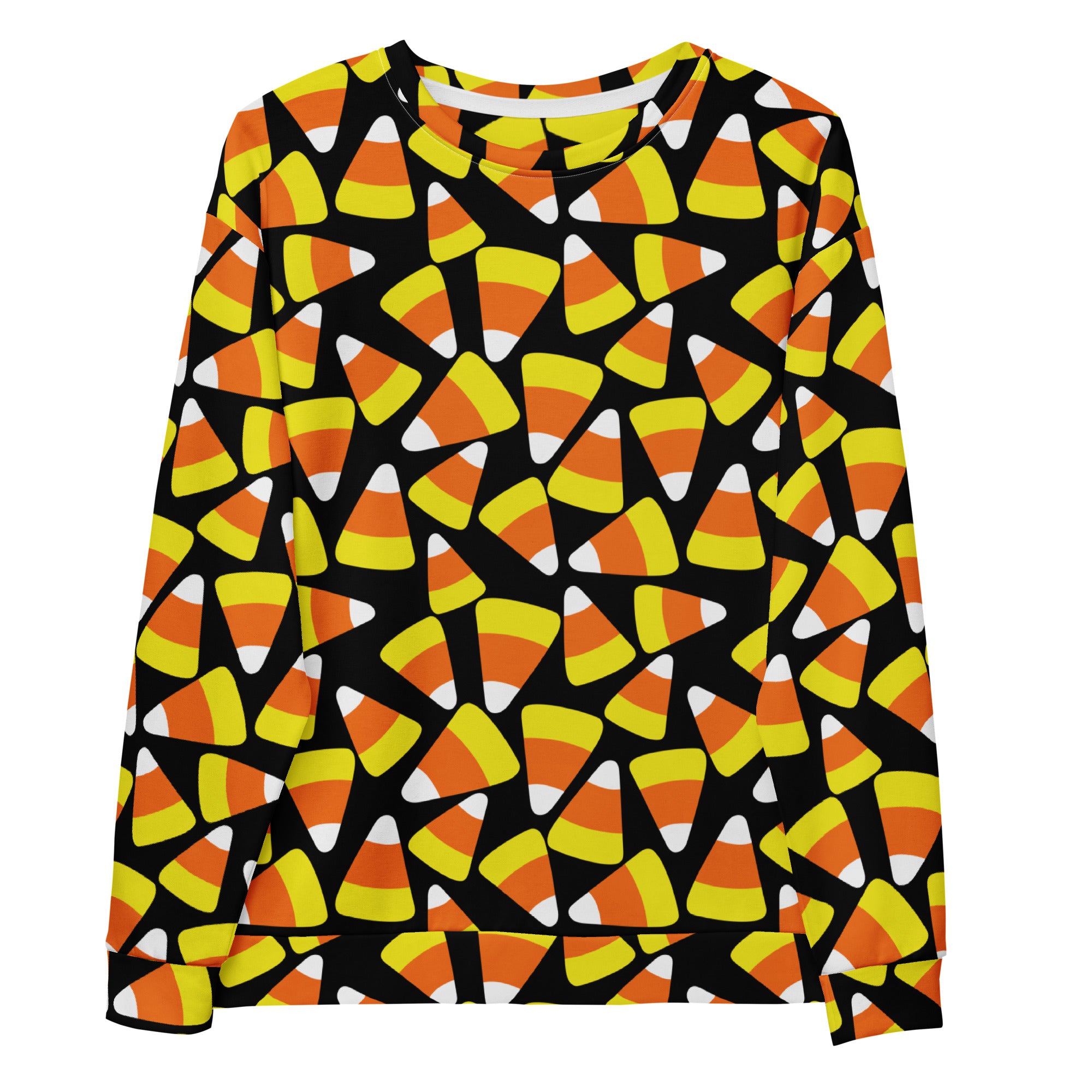 Black long-sleeved candy corn Halloween sweatshirt with vibrant orange yellow white pattern and brushed fleece fabric