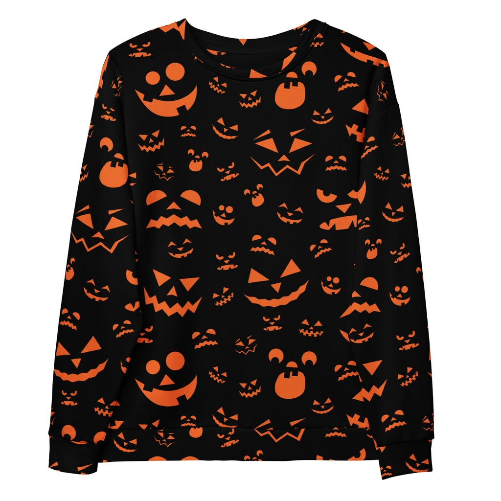 Black long-sleeved sweatshirt with vibrant orange jack-o-lantern pattern and brushed inner fleece fabric for halloween