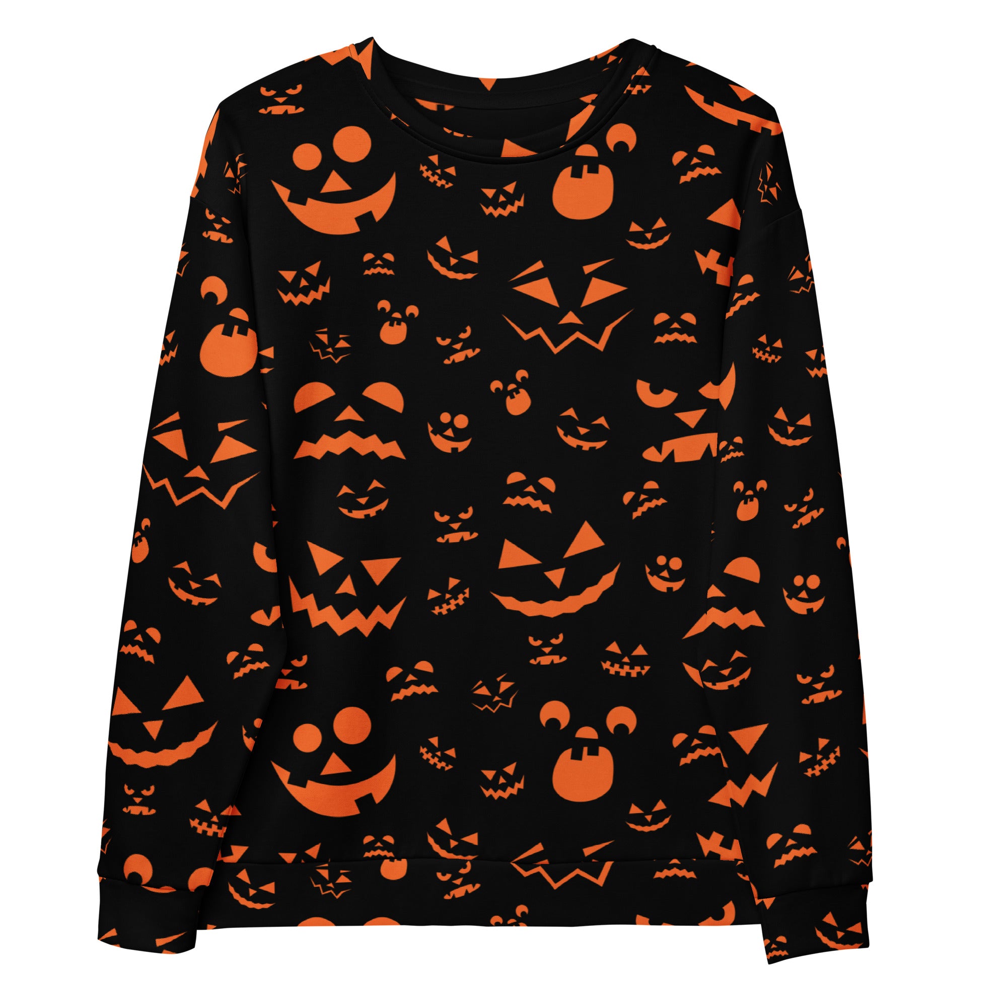 Black long-sleeved sweatshirt with vibrant orange jack-o-lantern pattern and brushed inner fleece fabric for halloween