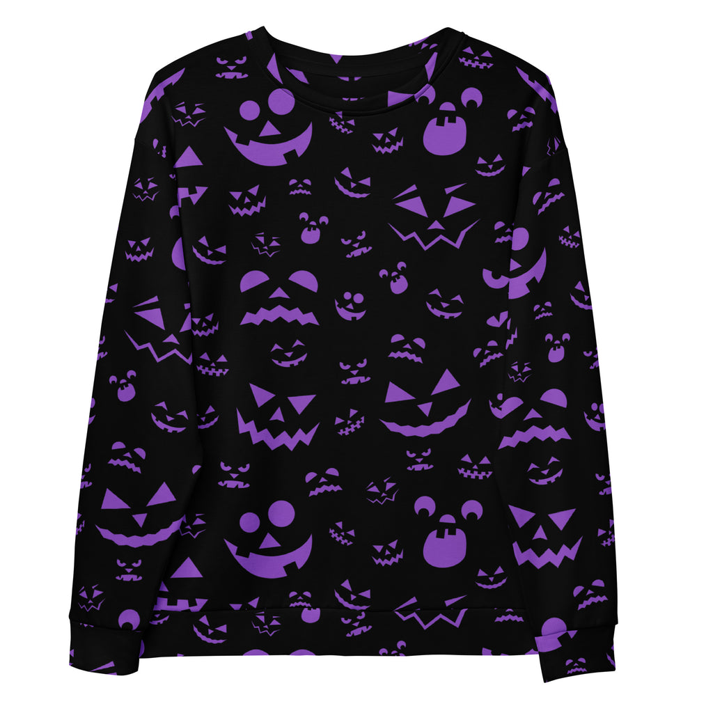 Black long-sleeved sweatshirt with vibrant purple jack-o-lantern face and brushed inner fleece fabric for halloween
