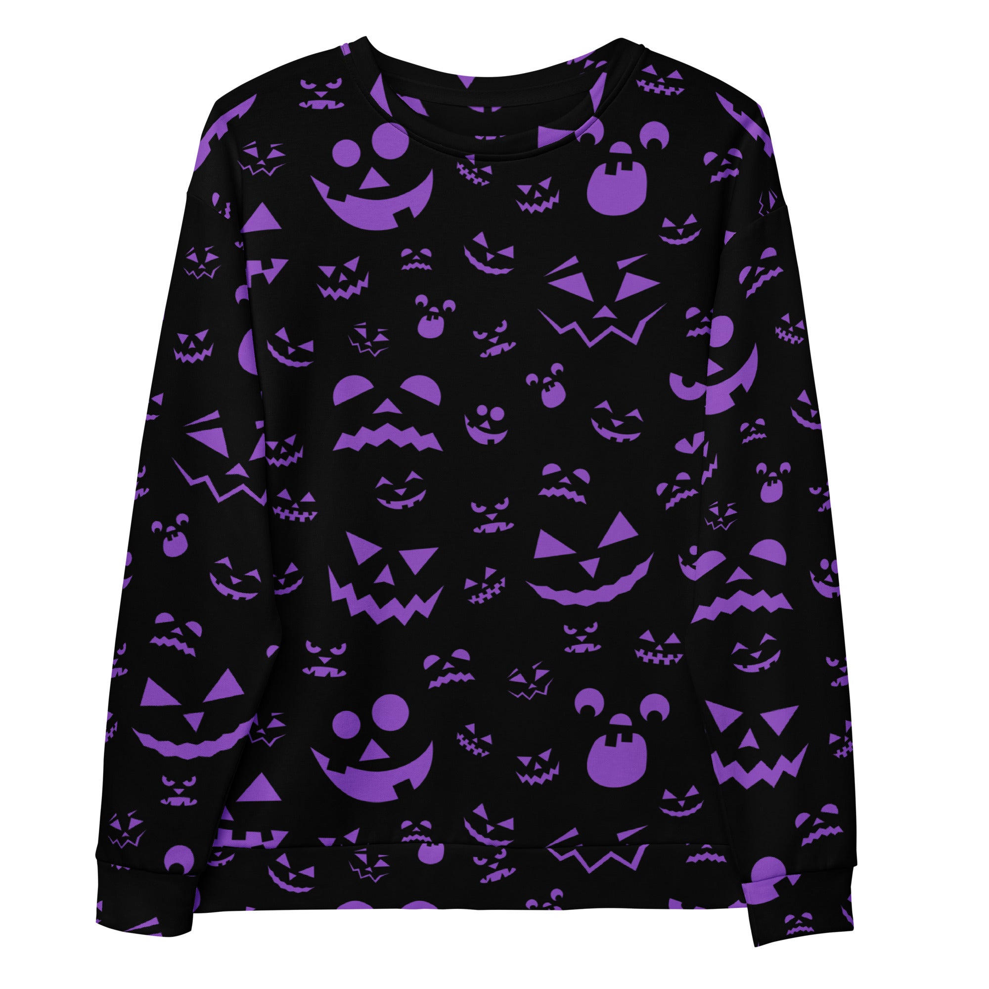 Black long-sleeved sweatshirt with vibrant purple jack-o-lantern face and brushed inner fleece fabric for halloween