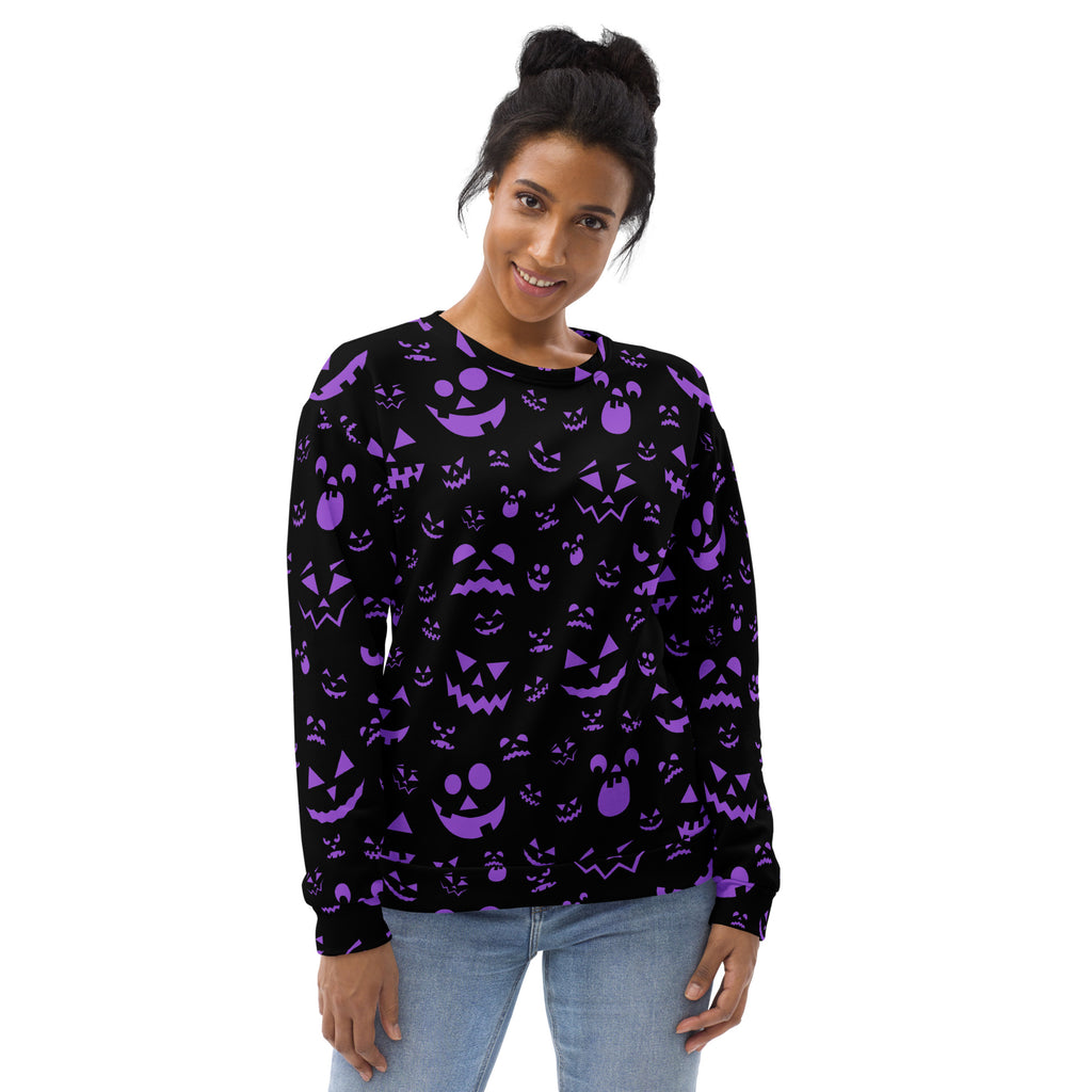 Black long-sleeved sweatshirt with vibrant purple jack-o-lantern face pattern and brushed inner fleece fabric
