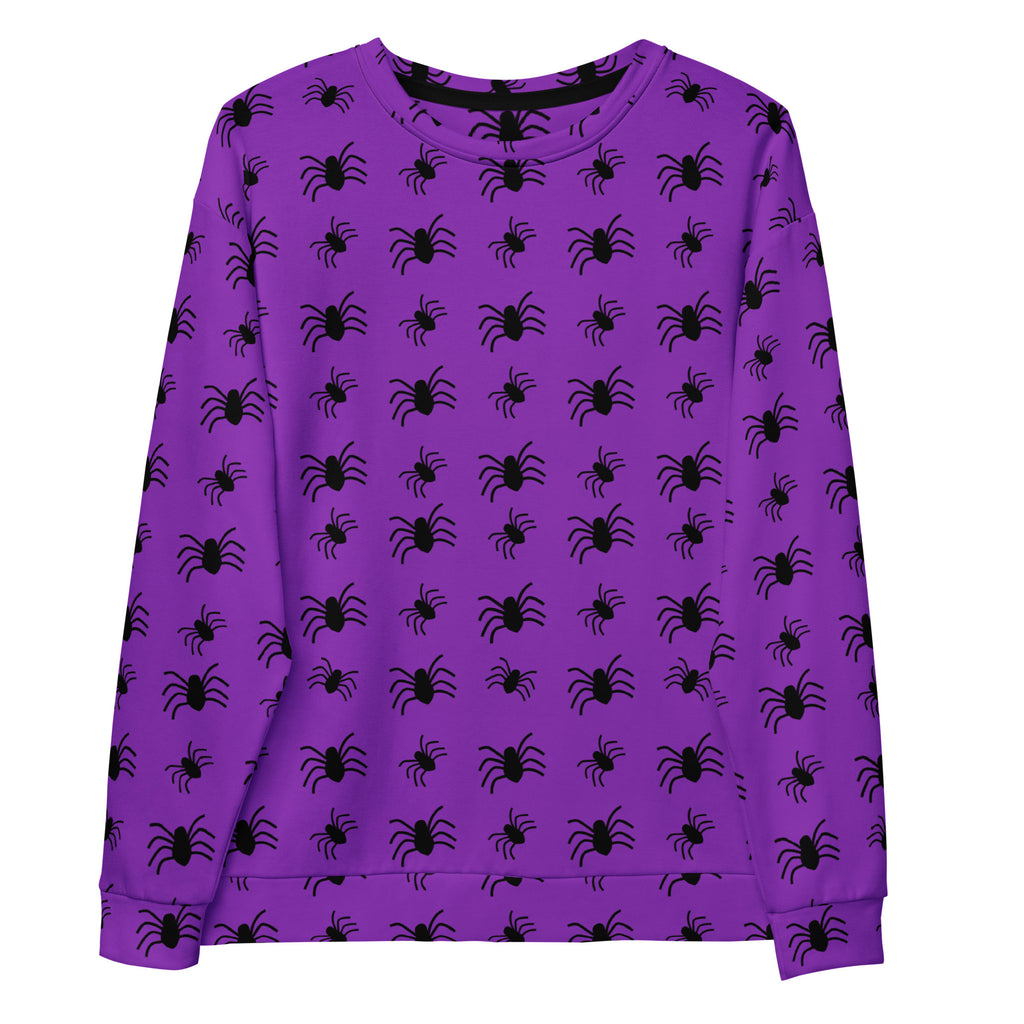 Purple spider halloween sweatshirt with black spider print and brushed inner fleece fabric for warmth