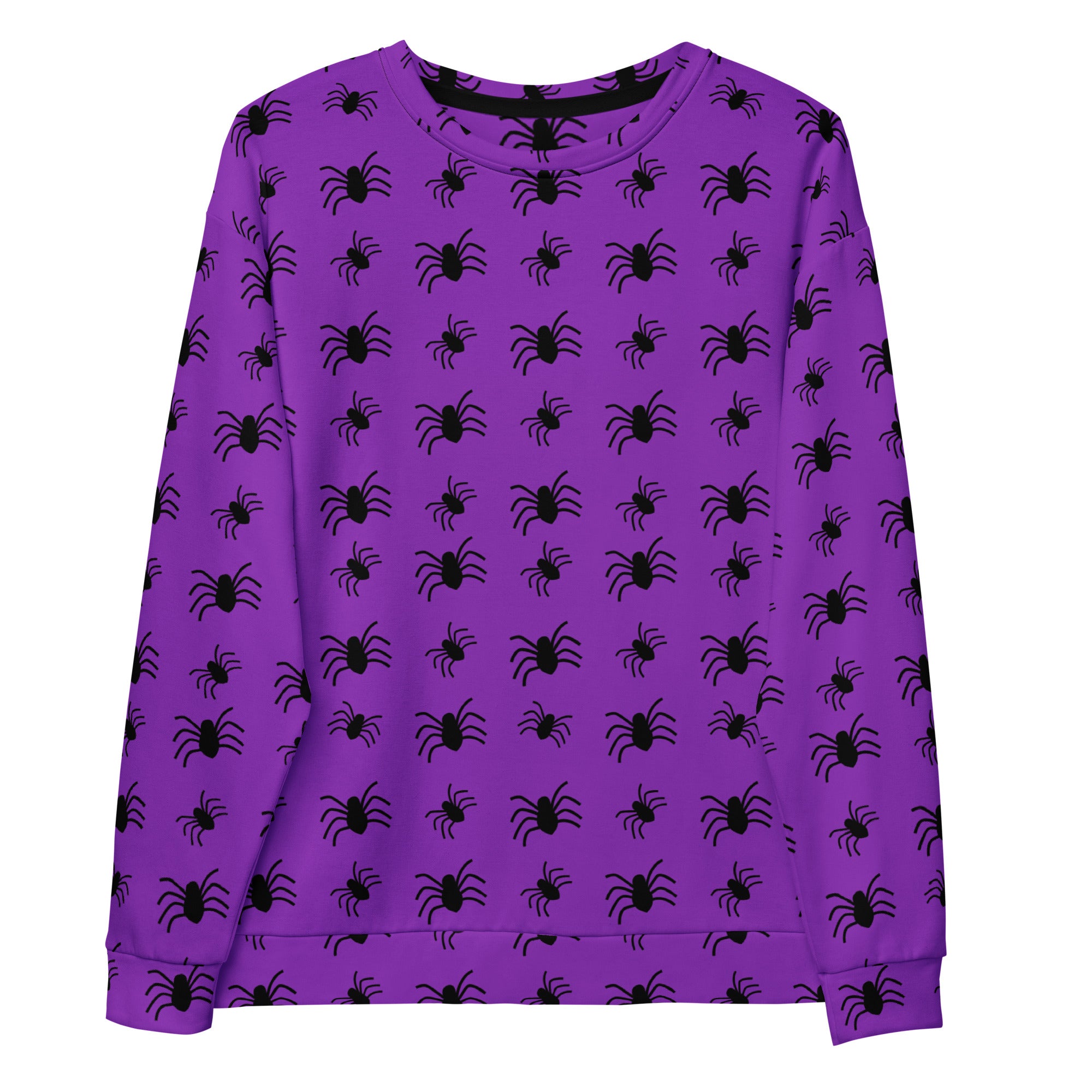 Purple spider halloween sweatshirt with black spider print and brushed inner fleece fabric for warmth