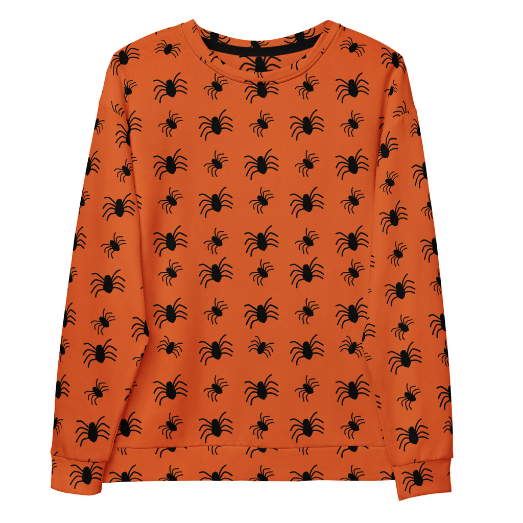 Orange spider Halloween recycled sweatshirt with black spider print and brushed inner fleece fabric long sleeves