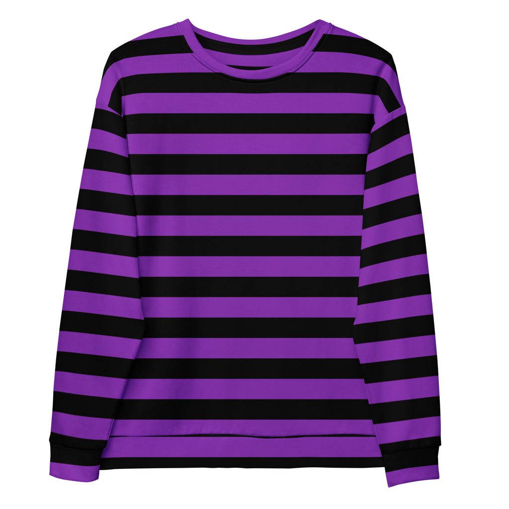 Purple and black striped long-sleeved Halloween sweatshirt with crew neck and brushed inner fleece fabric made from recycled material