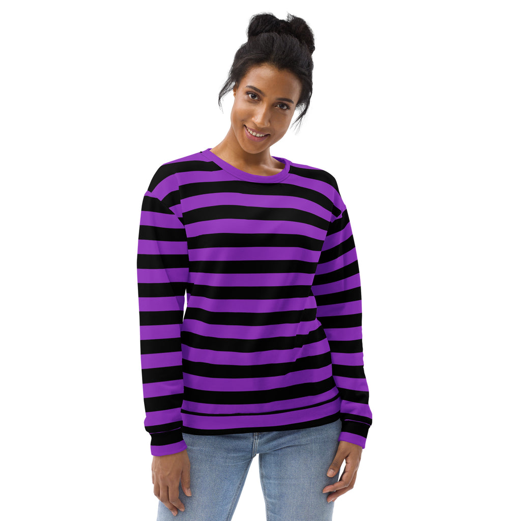 A vibrant purple and black striped long-sleeve recycled sweatshirt with brushed inner fleece for Halloween