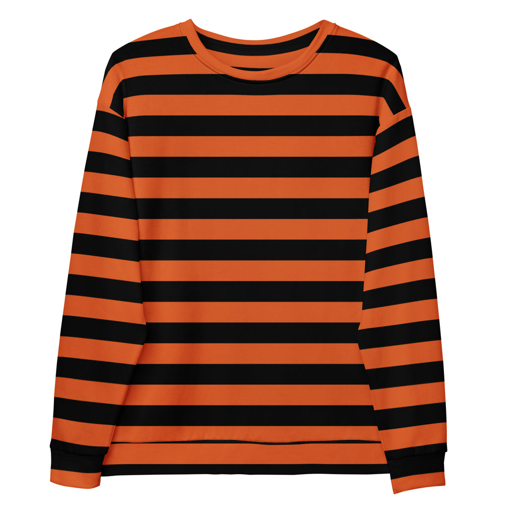 Orange and black striped halloween sweatshirt with brushed inner fleece fabric and long-sleeved crewneck design