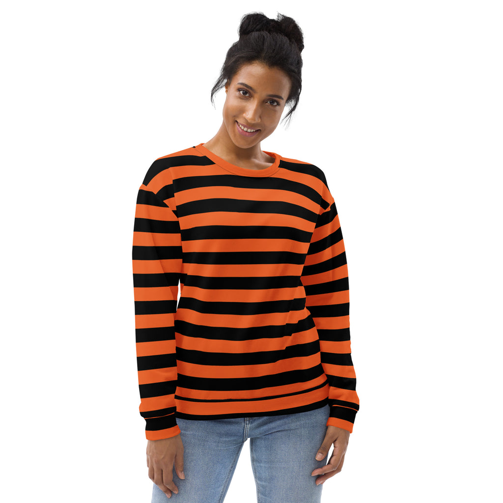 A vibrant orange and black striped Halloween sweatshirt with brushed inner fleece and relaxed fit long sleeves