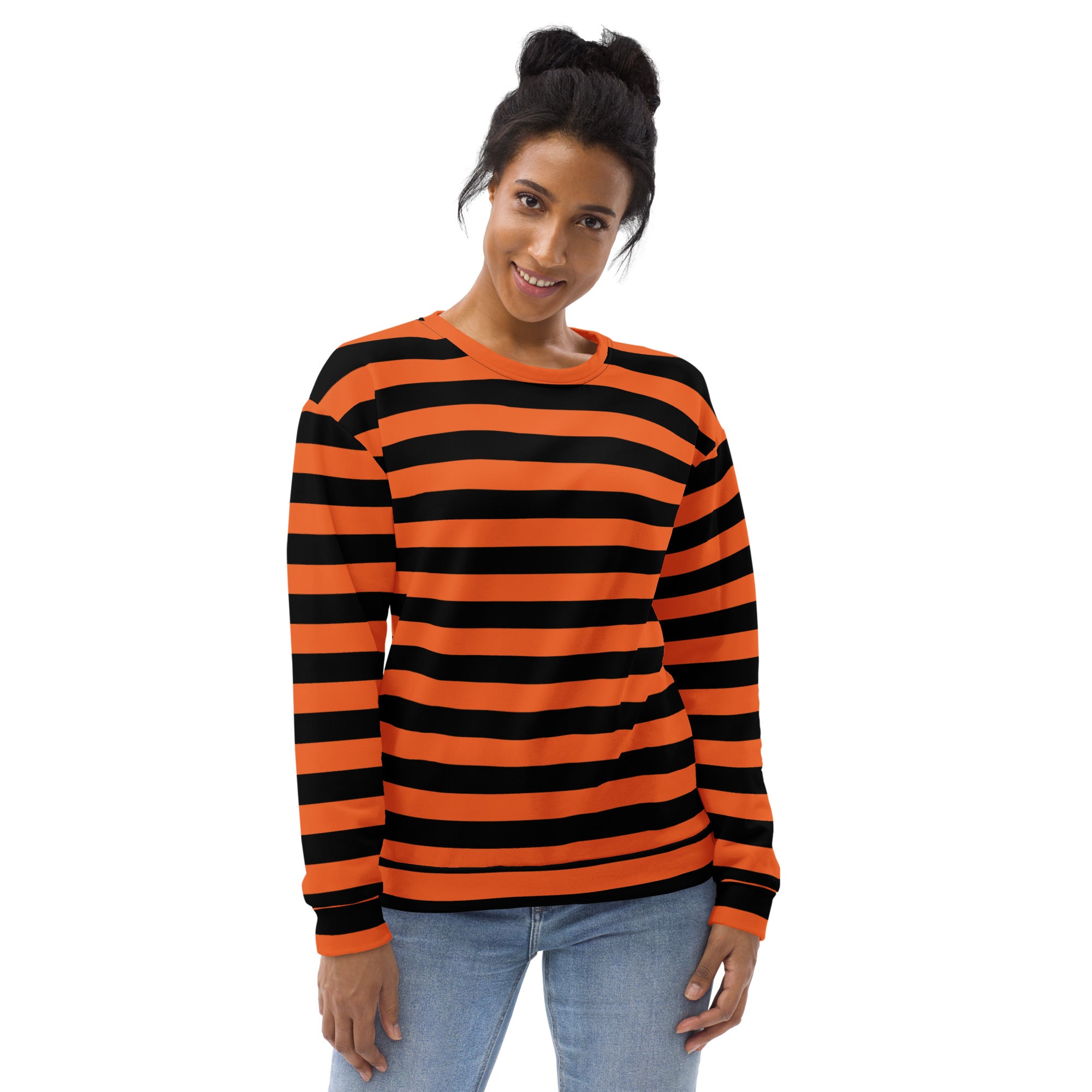 A vibrant orange and black striped Halloween sweatshirt with brushed inner fleece and relaxed fit long sleeves