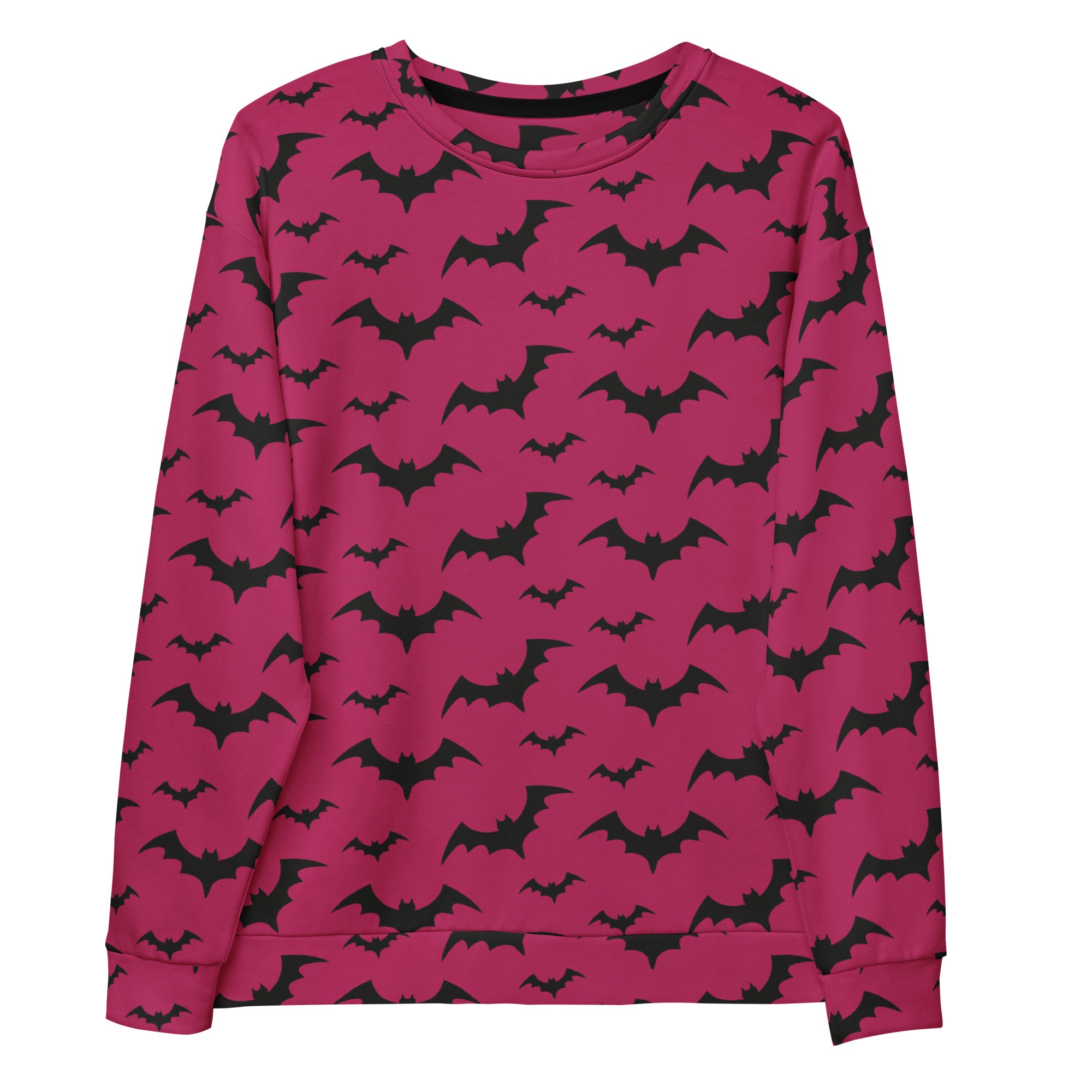 A vibrant pink long-sleeved sweatshirt with black bat pattern and brushed inner fleece fabric for Halloween