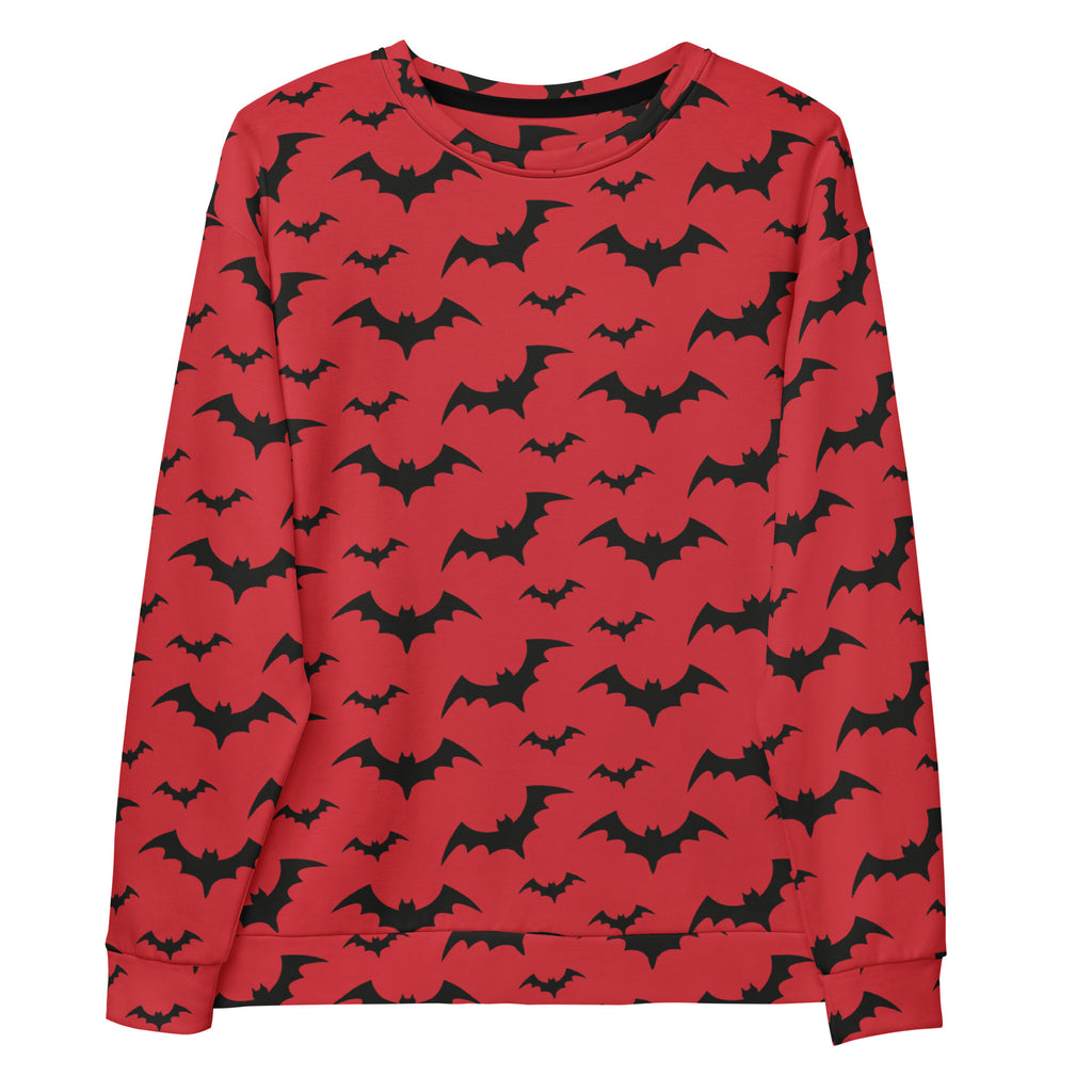 Red long-sleeved sweatshirt with black bat patterns and brushed inner fleece fabric for Halloween