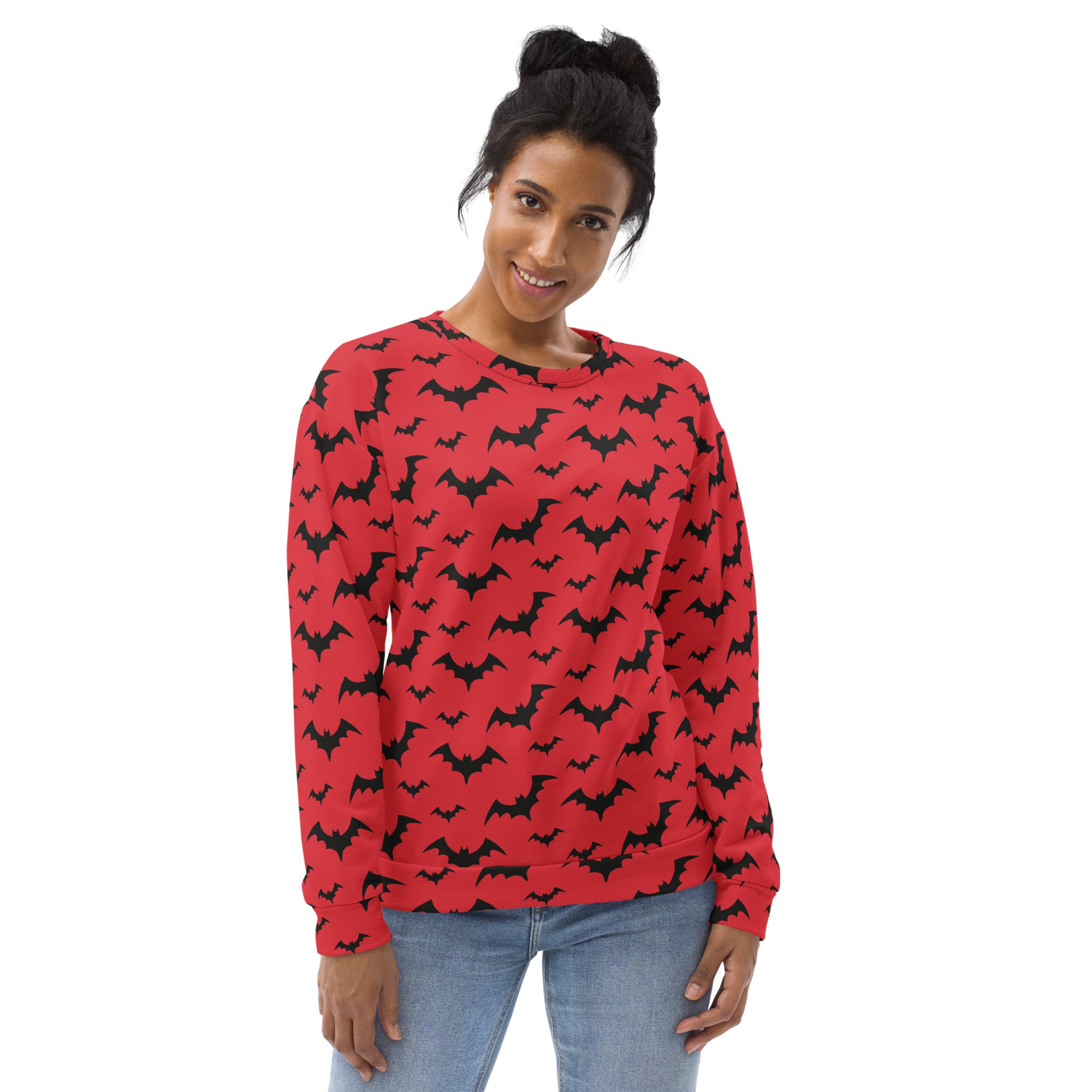 Red long-sleeved sweatshirt with black bat patterns and brushed inner fleece fabric for halloween wear