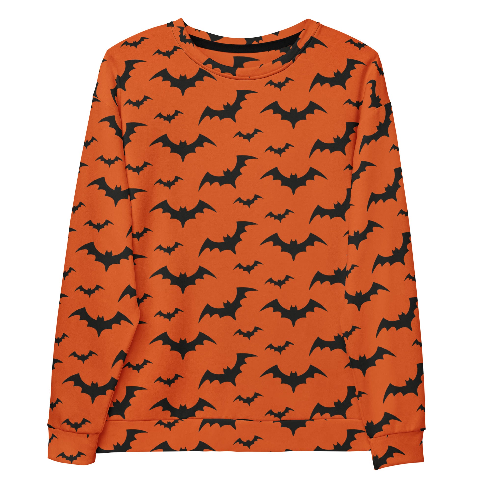 Orange long-sleeved sweatshirt with black bat pattern and brushed inner fleece fabric for halloween wear