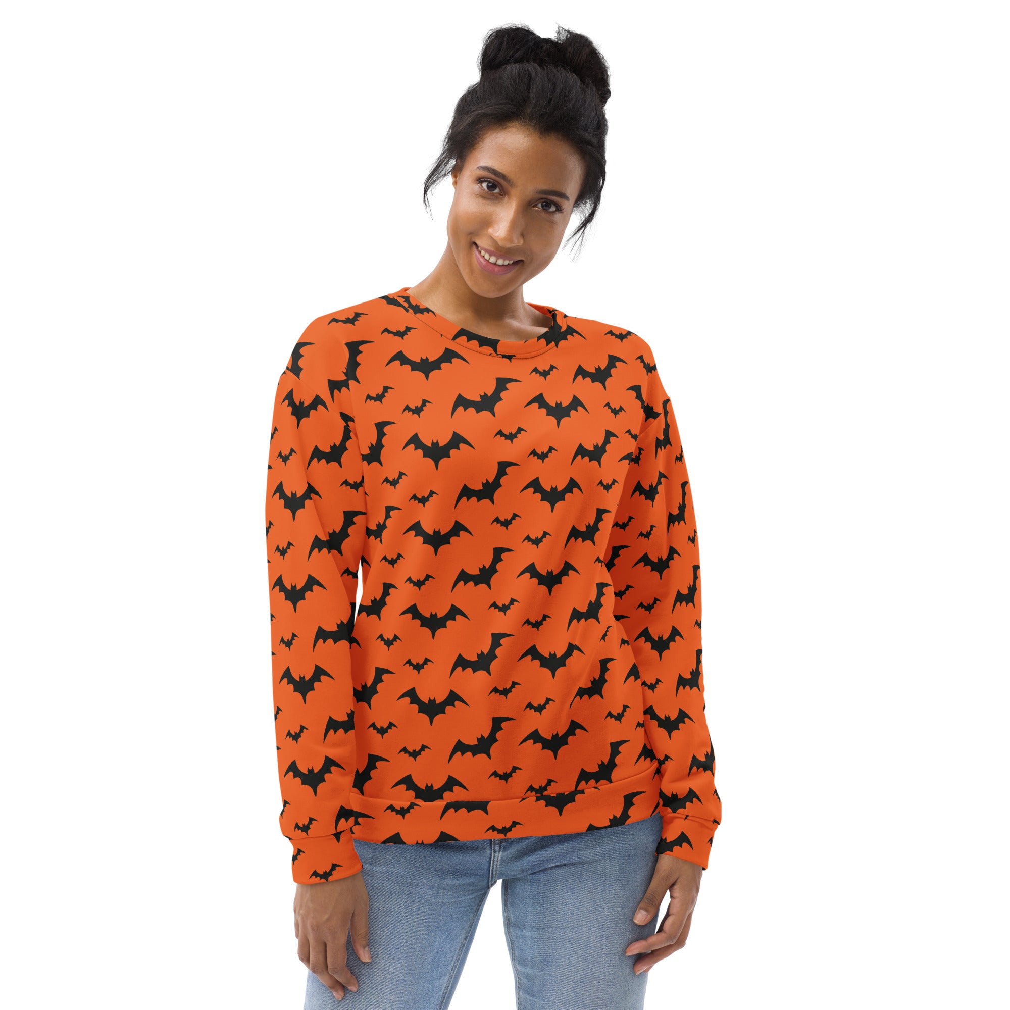 Orange long-sleeved sweatshirt with black bat pattern and brushed inner fleece fabric for halloween wear