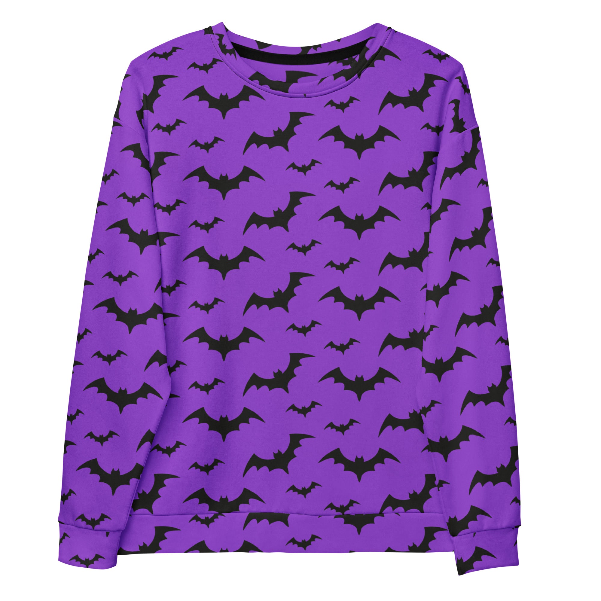 Purple long-sleeved sweatshirt with black bat silhouettes and brushed inner fleece fabric for halloween wear