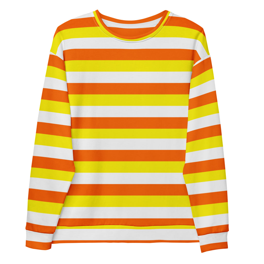 A vibrant long-sleeved candy corn stripes Halloween sweatshirt with bold orange yellow white stripes and brushed fleece