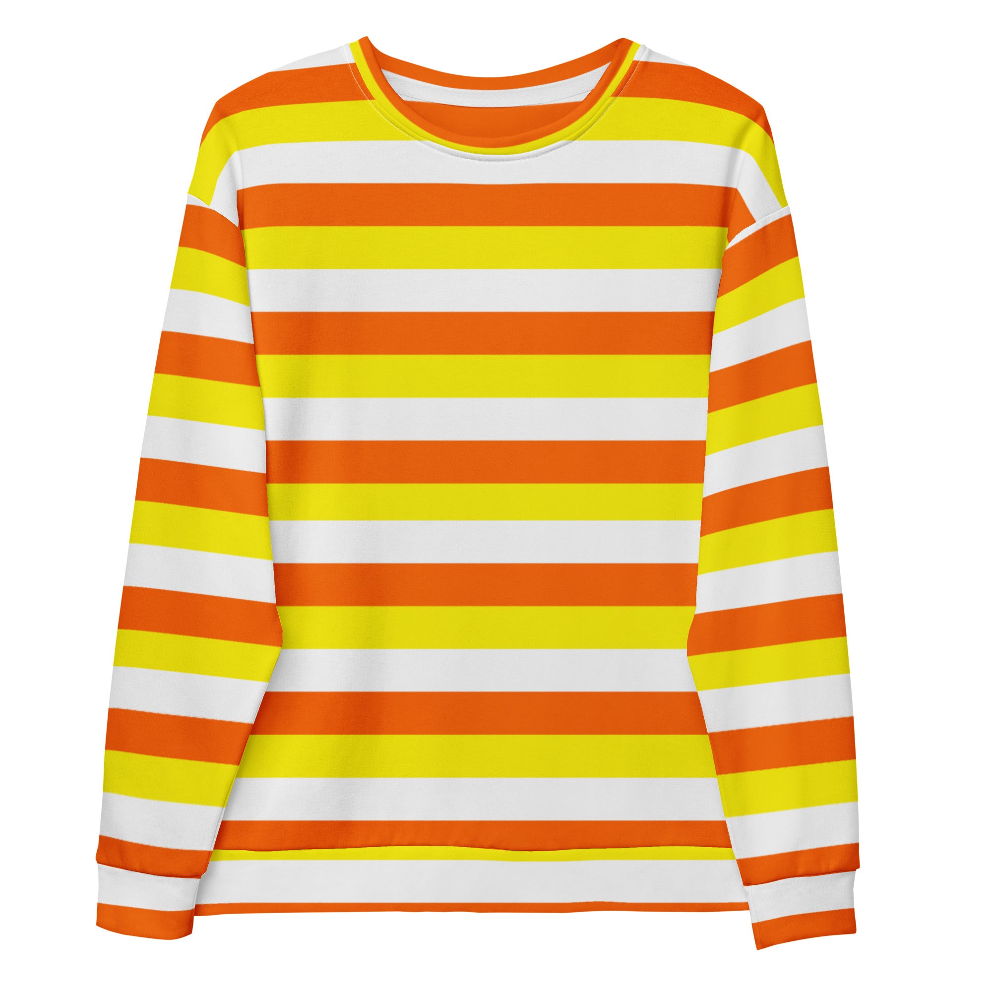 A vibrant long-sleeved candy corn stripes Halloween sweatshirt with bold orange yellow white stripes and brushed fleece