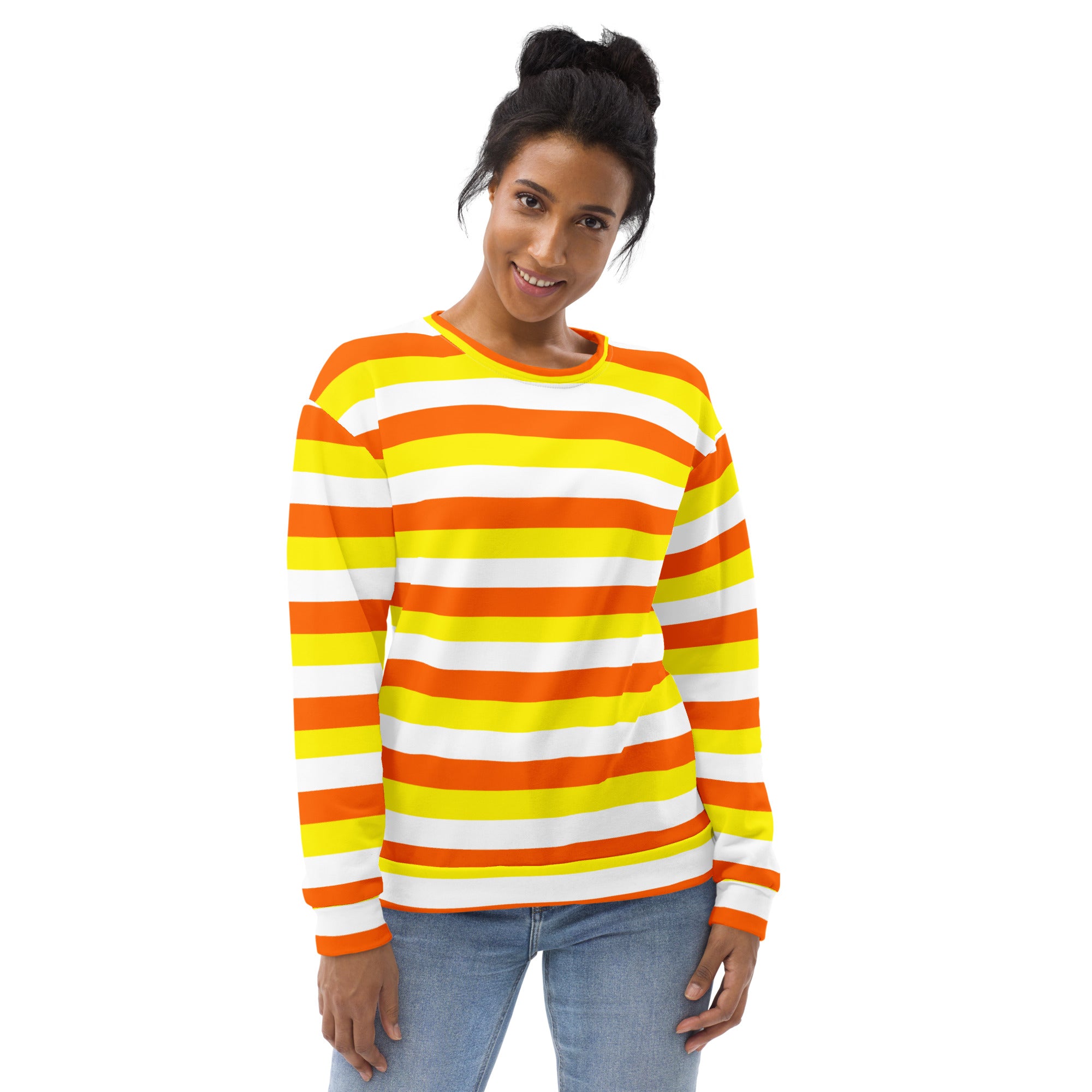 A vibrant long-sleeved candy corn stripes halloween sweatshirt with bold orange yellow white stripes and brushed fleece