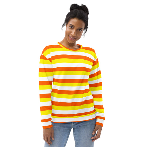A vibrant long-sleeved candy corn stripes halloween sweatshirt with bold orange yellow white stripes and brushed fleece