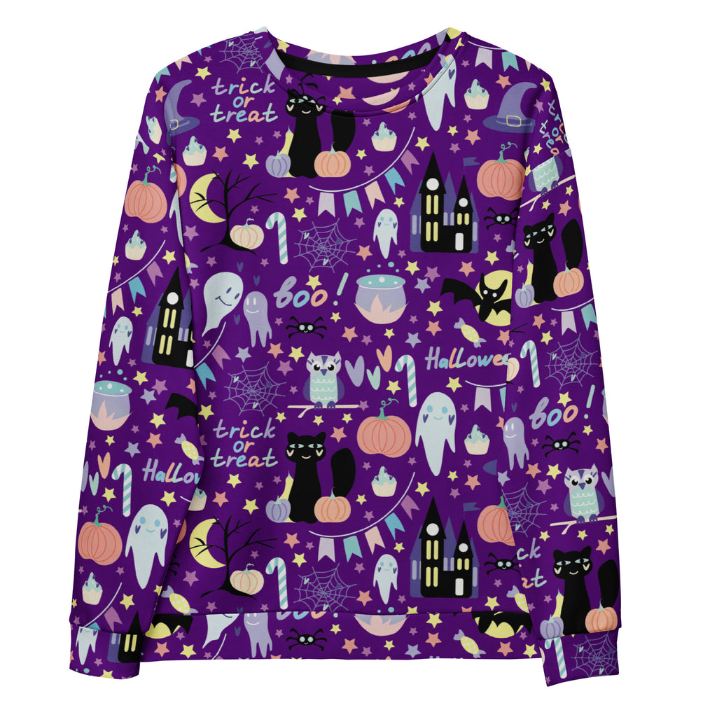Purple long-sleeved halloween sweatshirt with brushed inner fleece featuring black cats ghosts pumpkins and trick or treat text