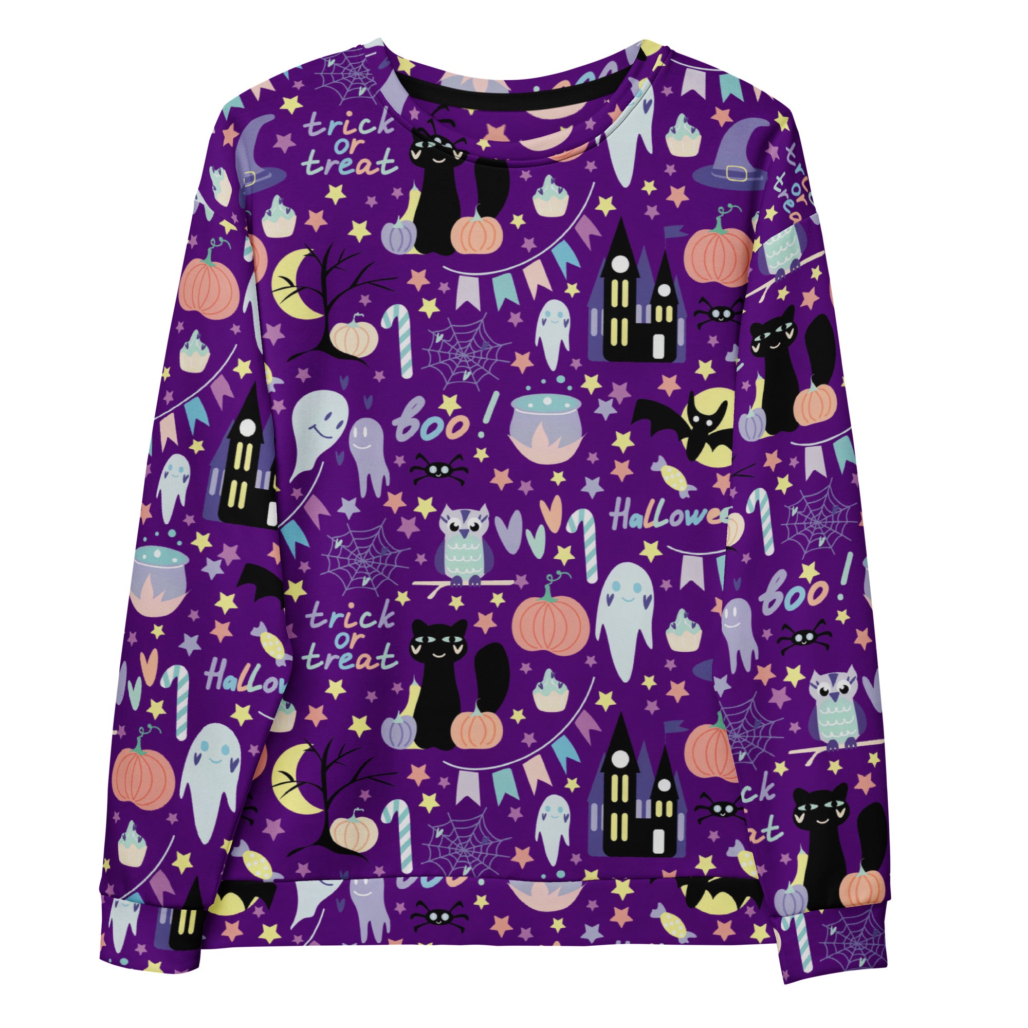 Purple long-sleeved halloween sweatshirt with brushed inner fleece featuring black cats ghosts pumpkins and trick or treat text