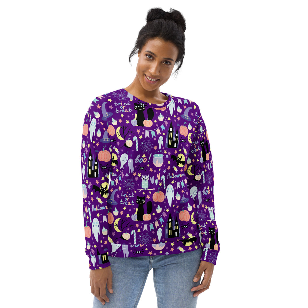 Purple halloween-themed long-sleeve sweatshirt with black cats pumpkins ghosts trick or treat text and brushed inner fleece fabric