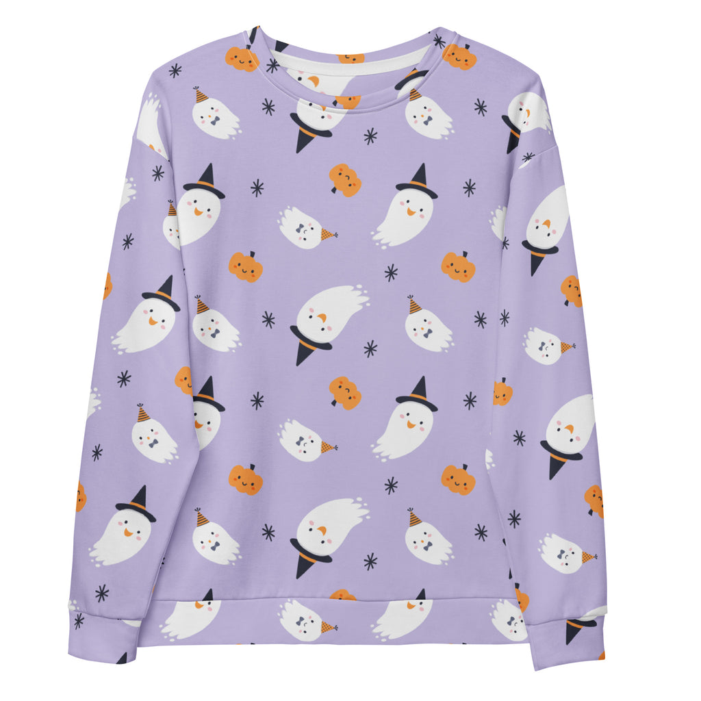 Lavender Halloween witch ghost sweatshirt with brushed inner fleece featuring white ghosts and orange pumpkins pattern